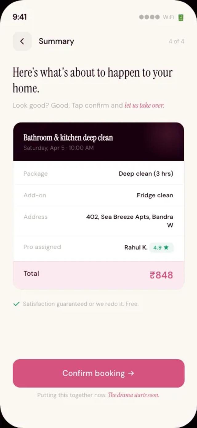 Zuvoo app — booking summary with add-ons and pricing
