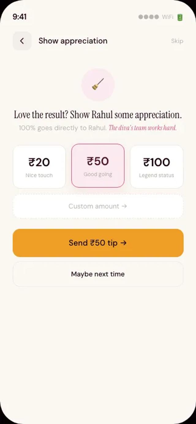 Zuvoo app — in-app tipping with preset amounts