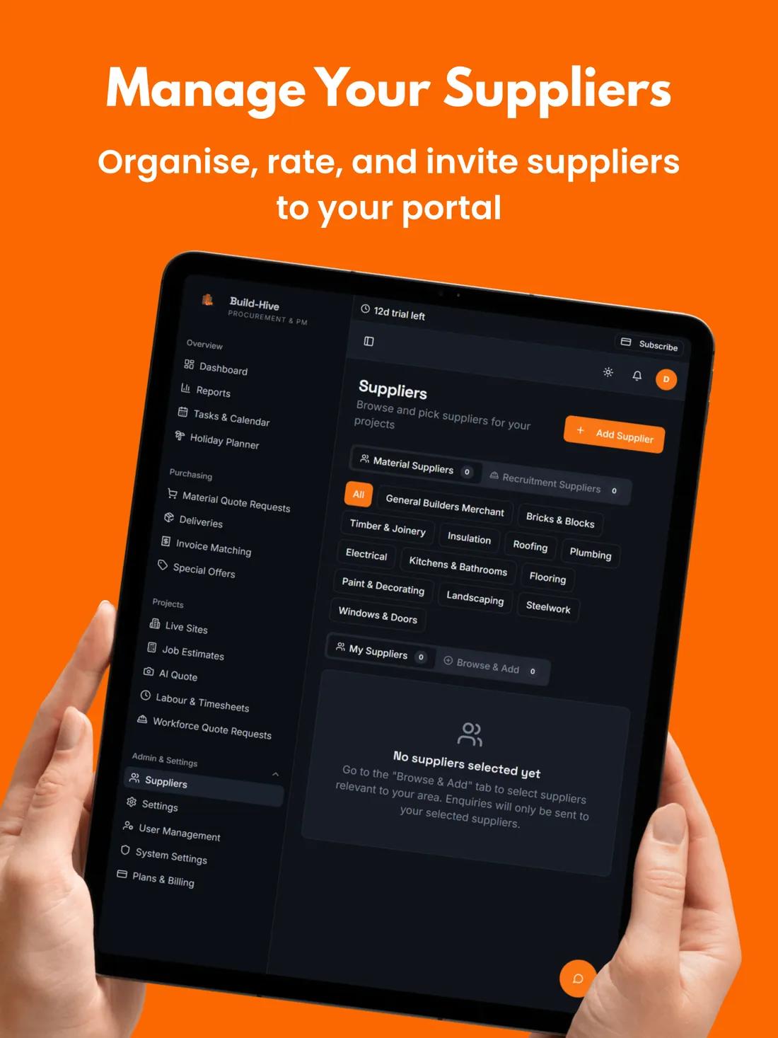 Build Hive on tablet — supplier portal