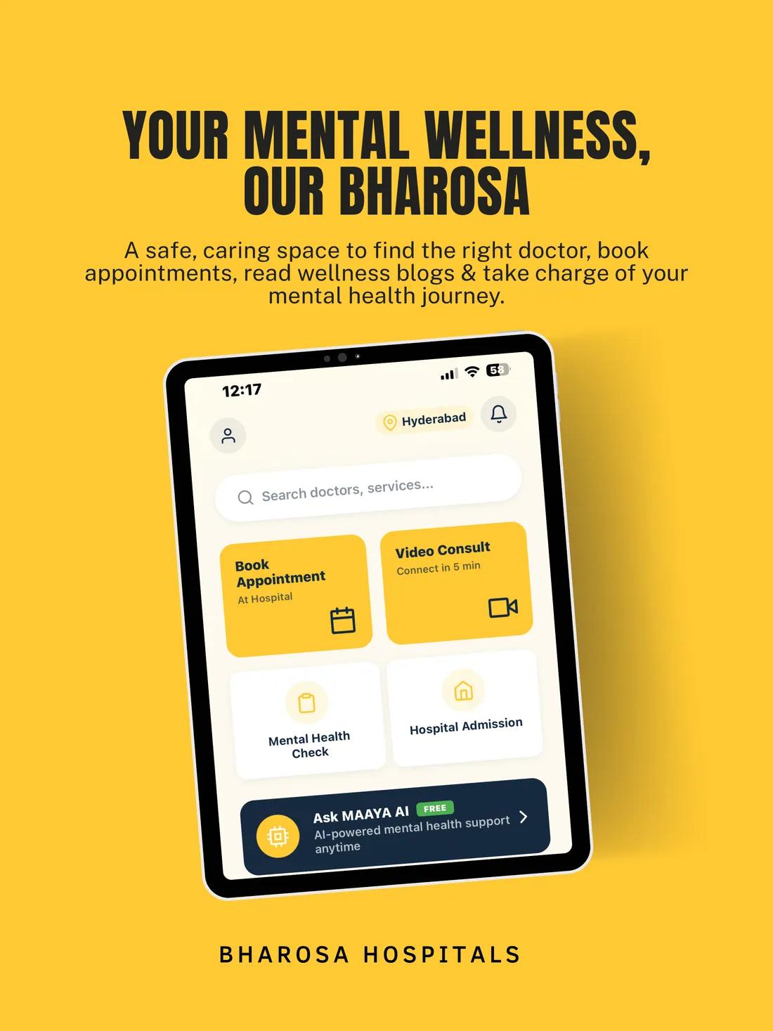 Bharosa on iPad — the home screen with quick actions