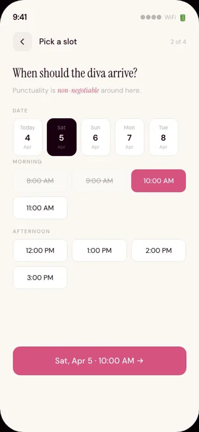 Zuvoo app — date and time slot picker