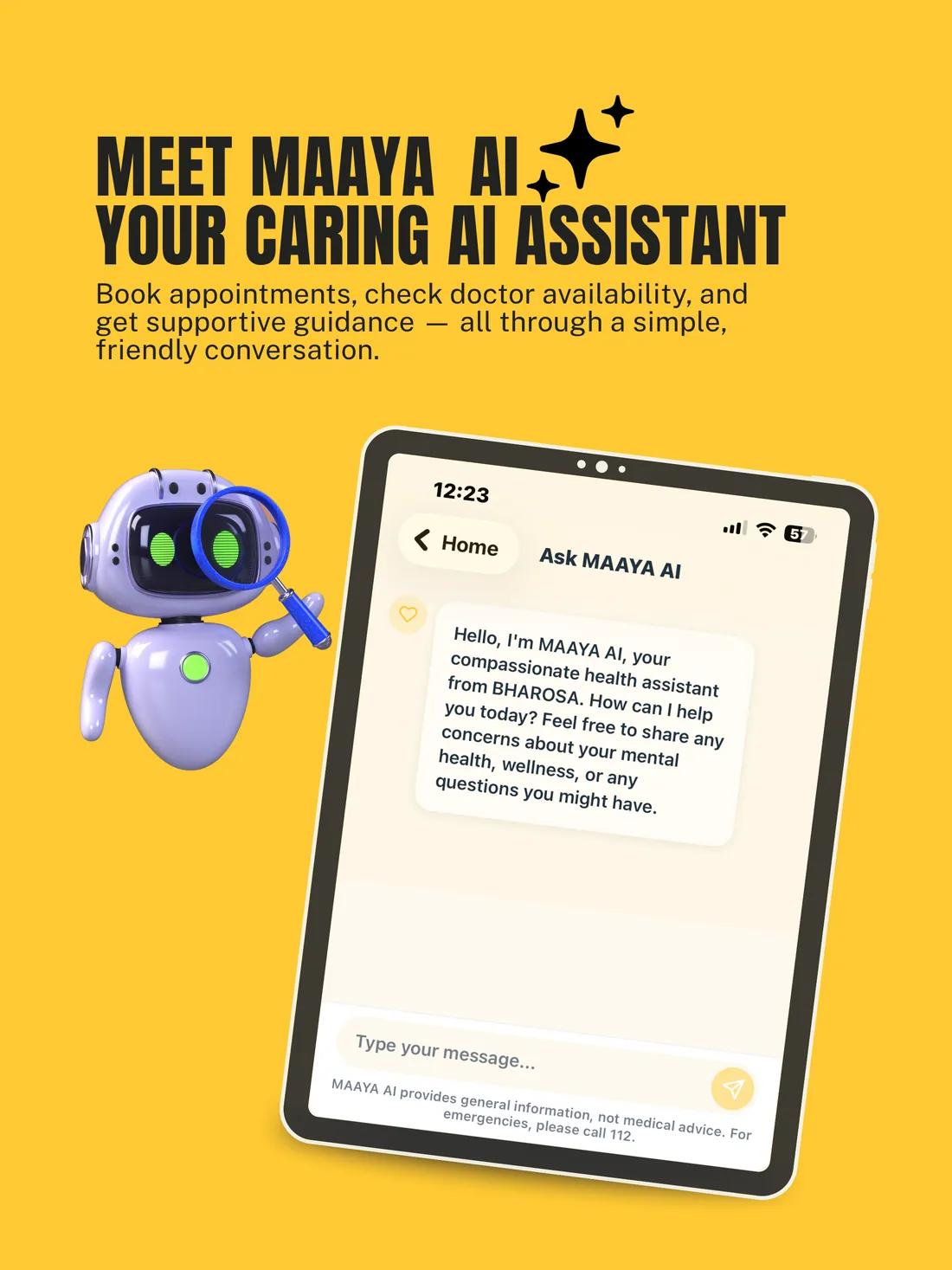 Bharosa on iPad — MAAYA AI assistant conversation
