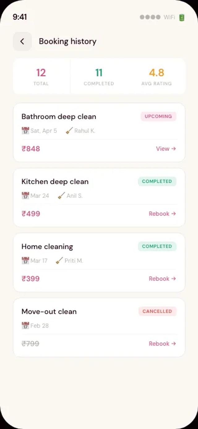 Zuvoo app — booking history
