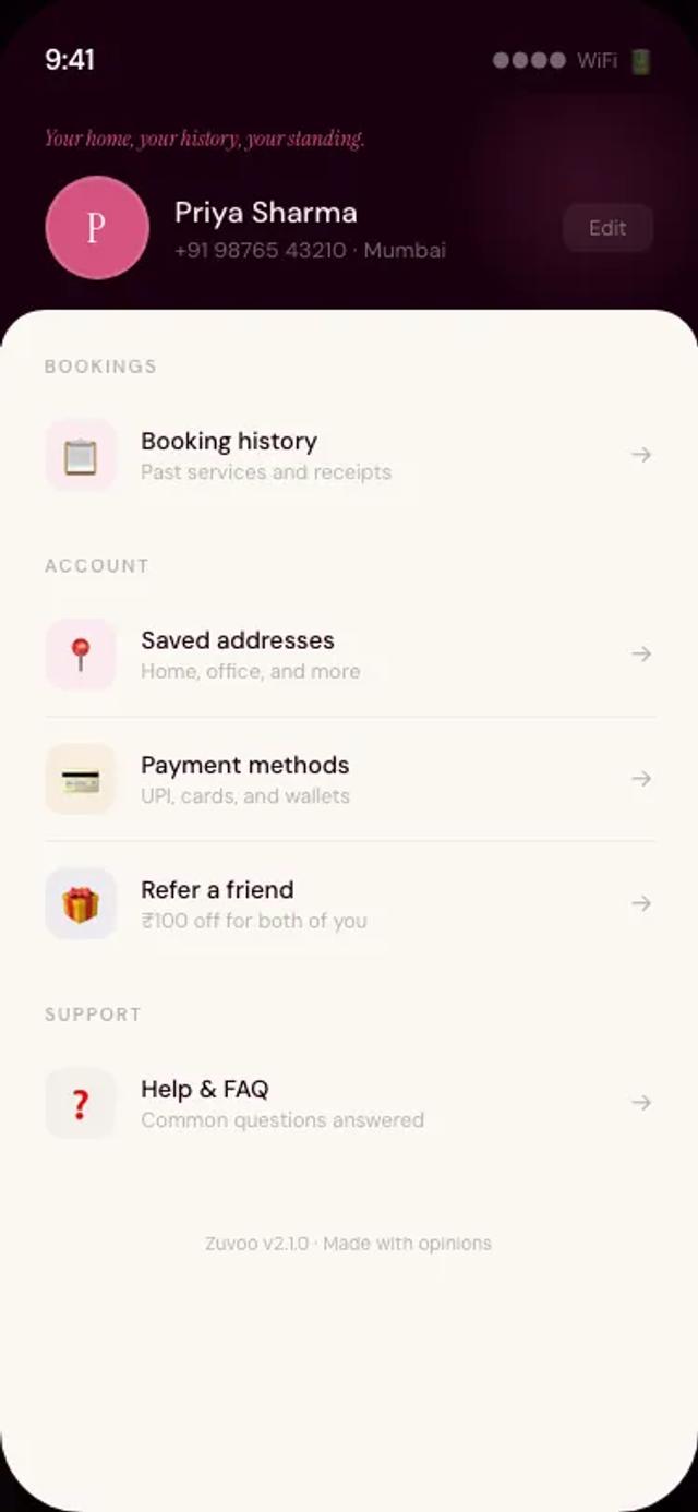 Zuvoo app — customer profile