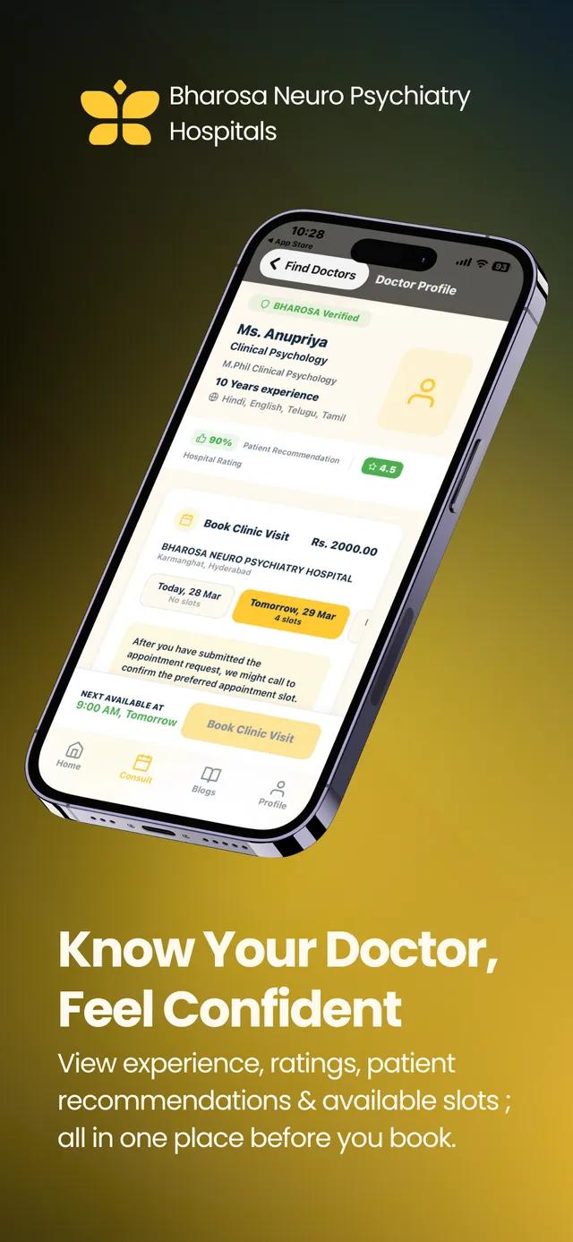 Bharosa app — verified doctor profile with experience, ratings and available slots