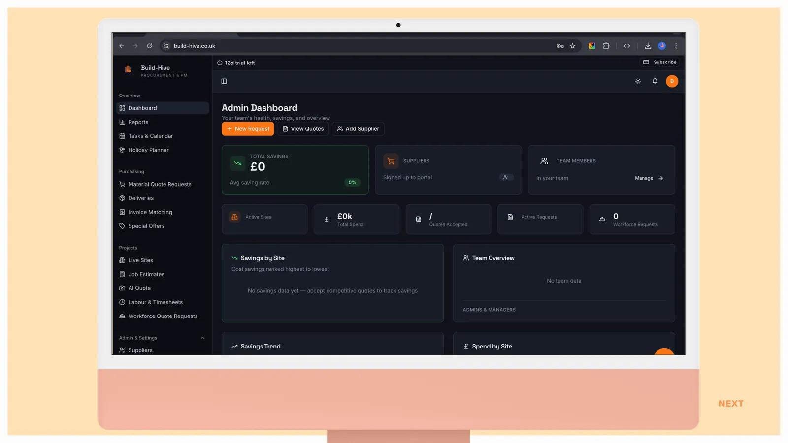 Build Hive web — admin dashboard with savings, orders and sites