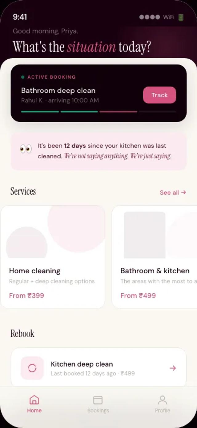 Zuvoo app — personalised home dashboard with an active booking