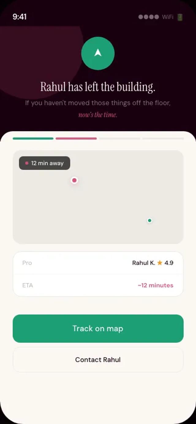 Zuvoo app — live tracking, provider en route with ETA