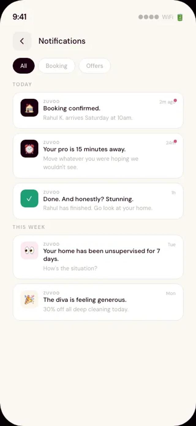 Zuvoo app — notifications feed