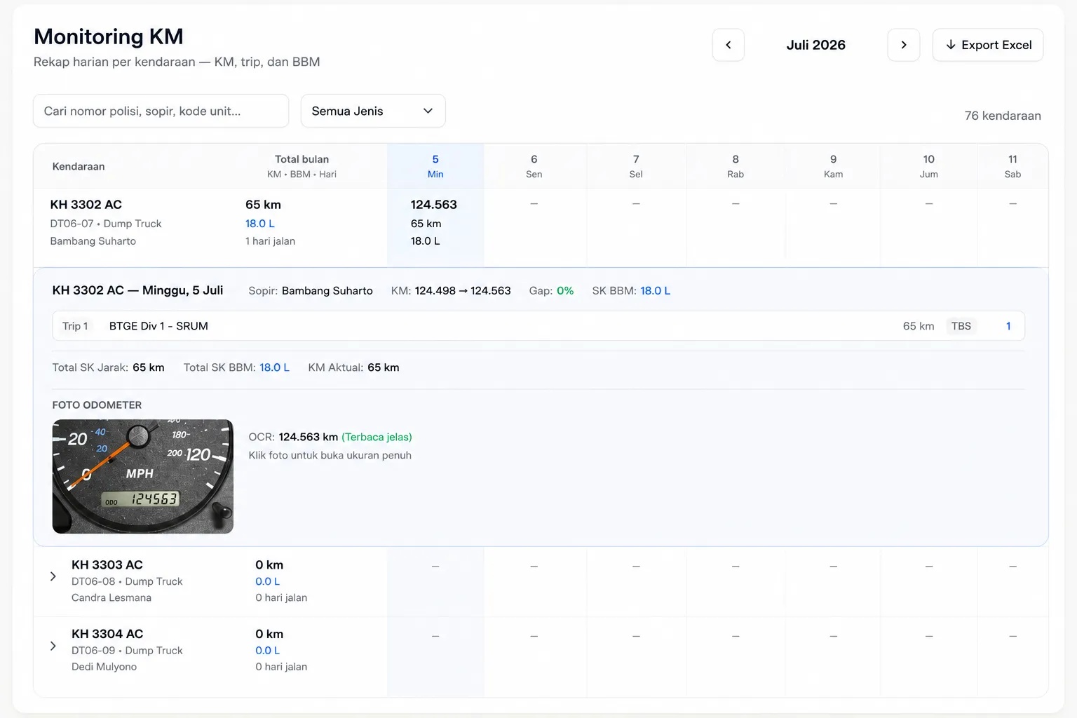 Monitor daily vehicle activity, mileage, fuel allocation, and OCR-verified odometer readings in a single timeline, making operational tracking more transparent and easier to audit.