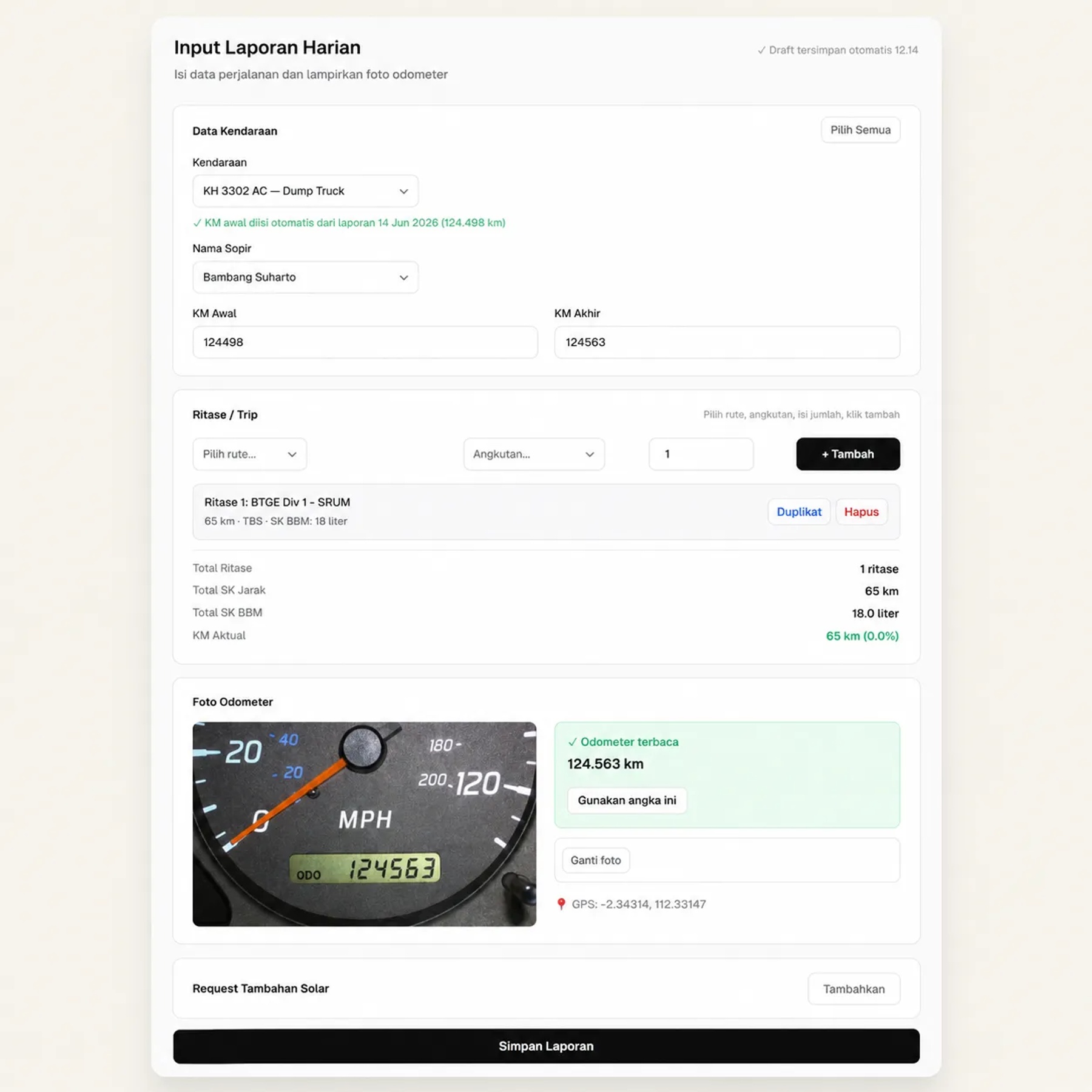 Assistants capture an odometer photo, and the system instantly reads the mileage using OCR before generating the daily vehicle report.