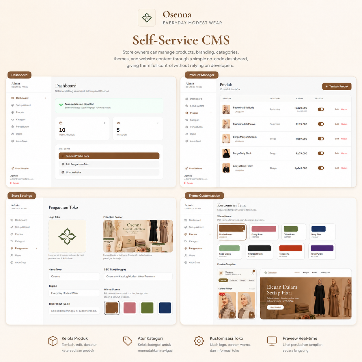 Store owners can manage products, categories, branding, themes, and website content through a simple no-code dashboard, giving them complete control without relying on developers.