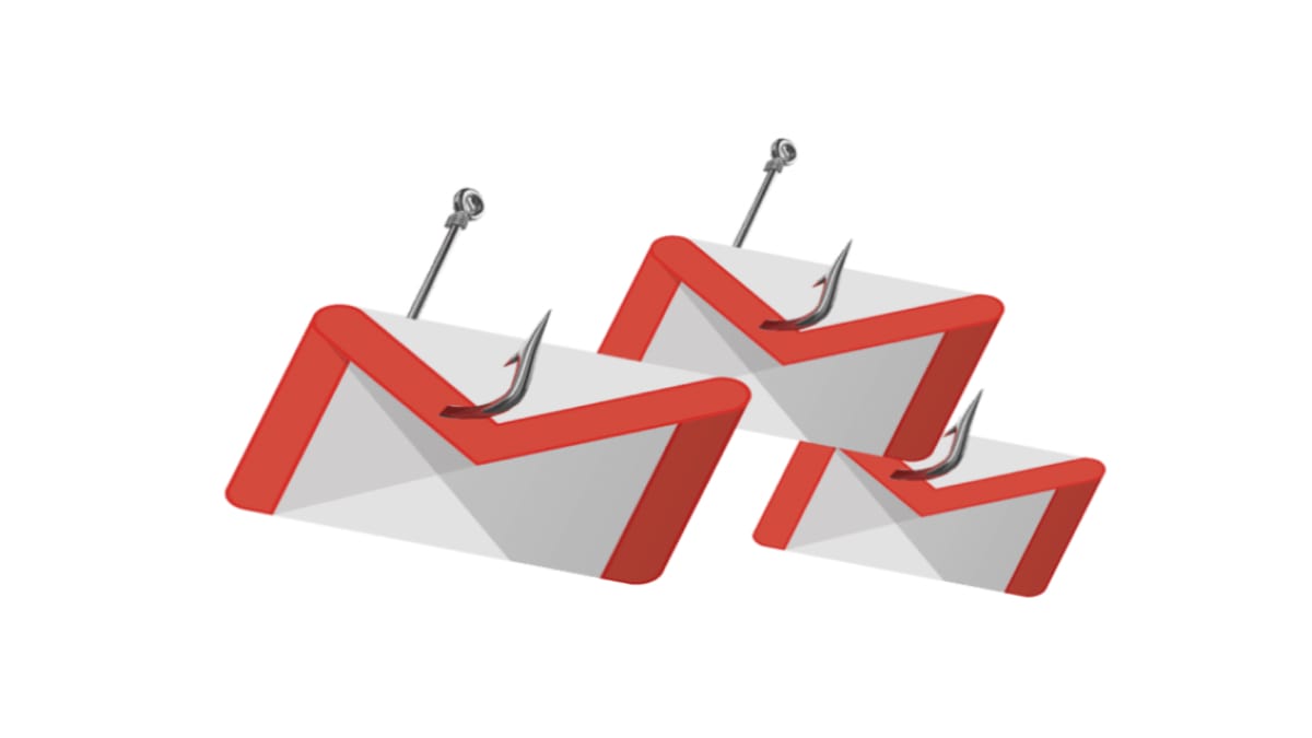 Illustration of three email envelopes resembling the Gmail logo, each pierced by a fishhook, symbolising phishing attacks.