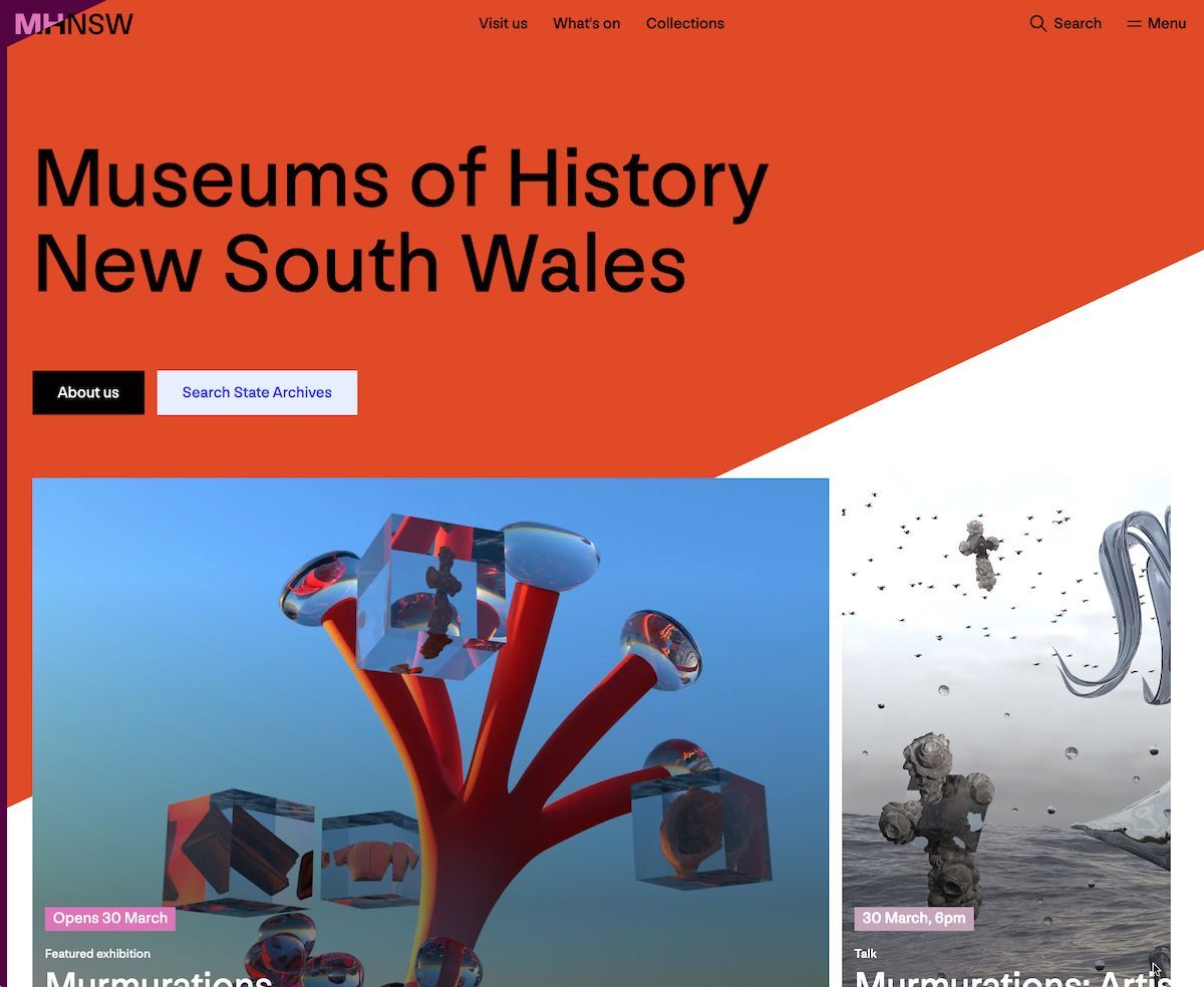 Museums of History New South Wales website homepage screen.