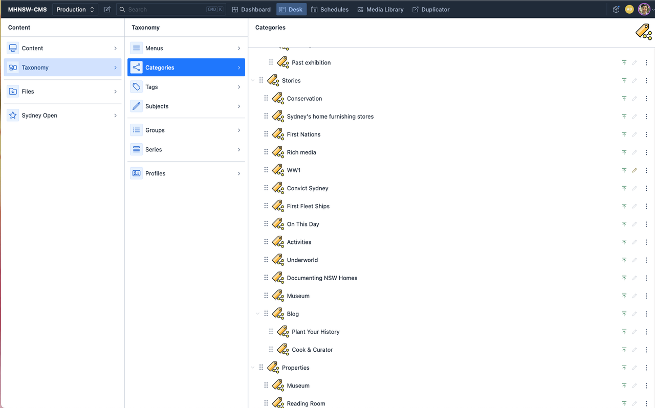 Screenshot of the Sanity headless CMS setup used for Museums of History NSW