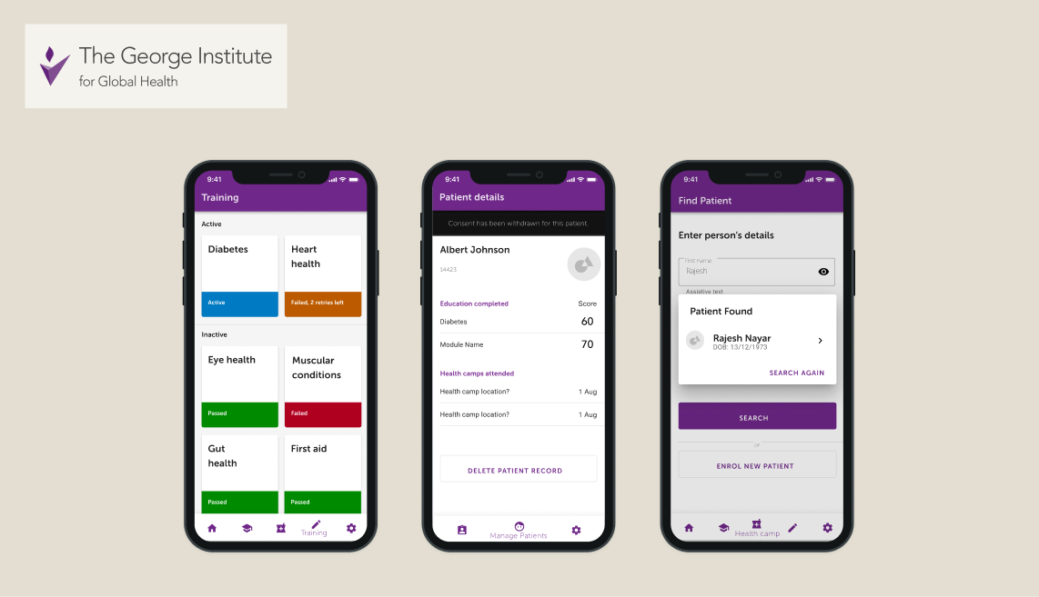 Mobile screens of The George Institute application