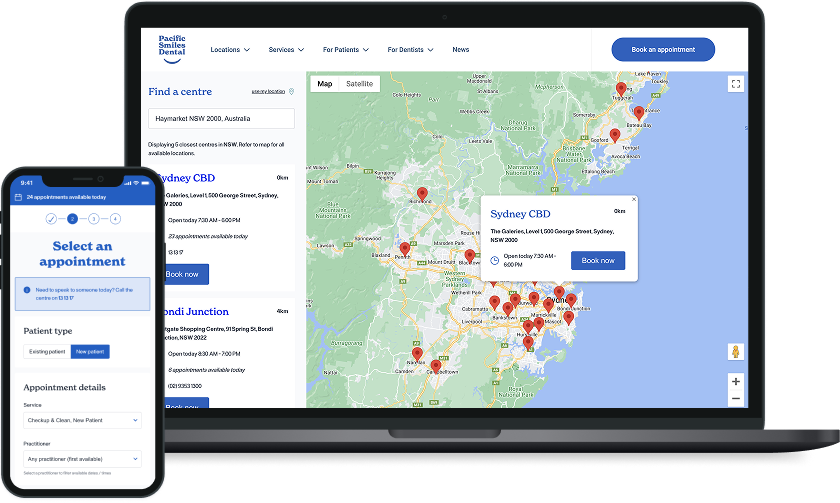 Healthcare software shown across desktop and mobile devices