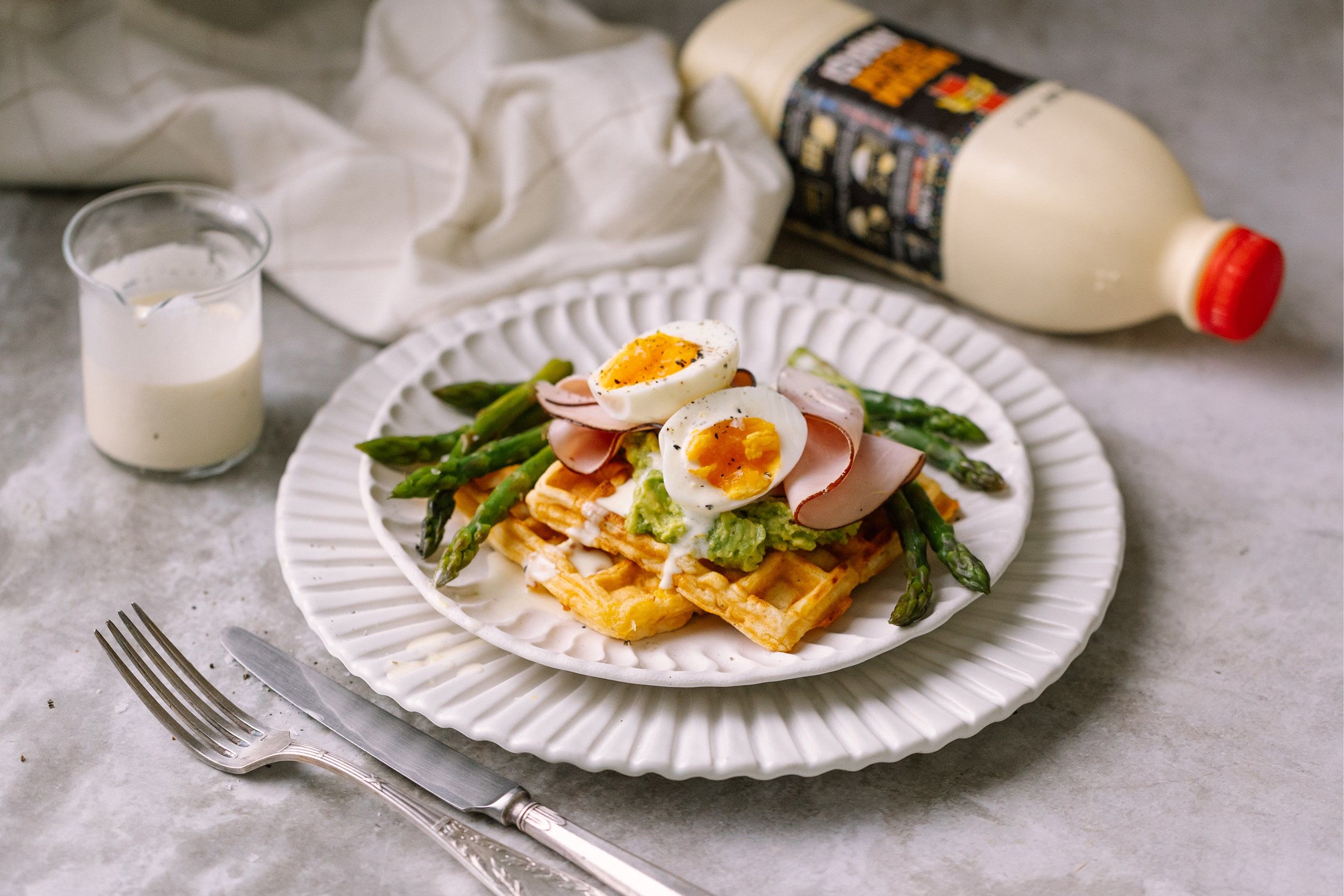 Amasi and Cheese Waffles with Avo, Smoked Ham, Egg and Mashed Avocado