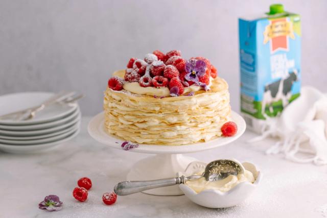 Raspberry crepe cake with custard (creme diplomate) filling 🥞