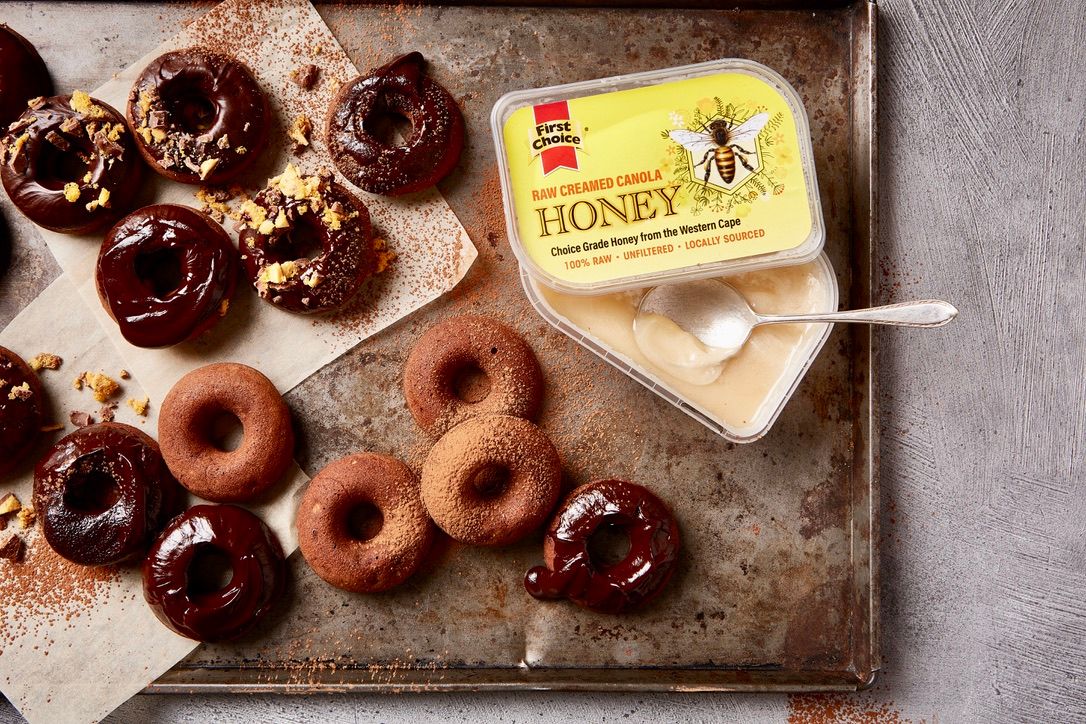 Chocolate Vegan Doughnuts with Dark Chocolate Honey Drizzle topped with Chunky Crunchie/Honeycomb