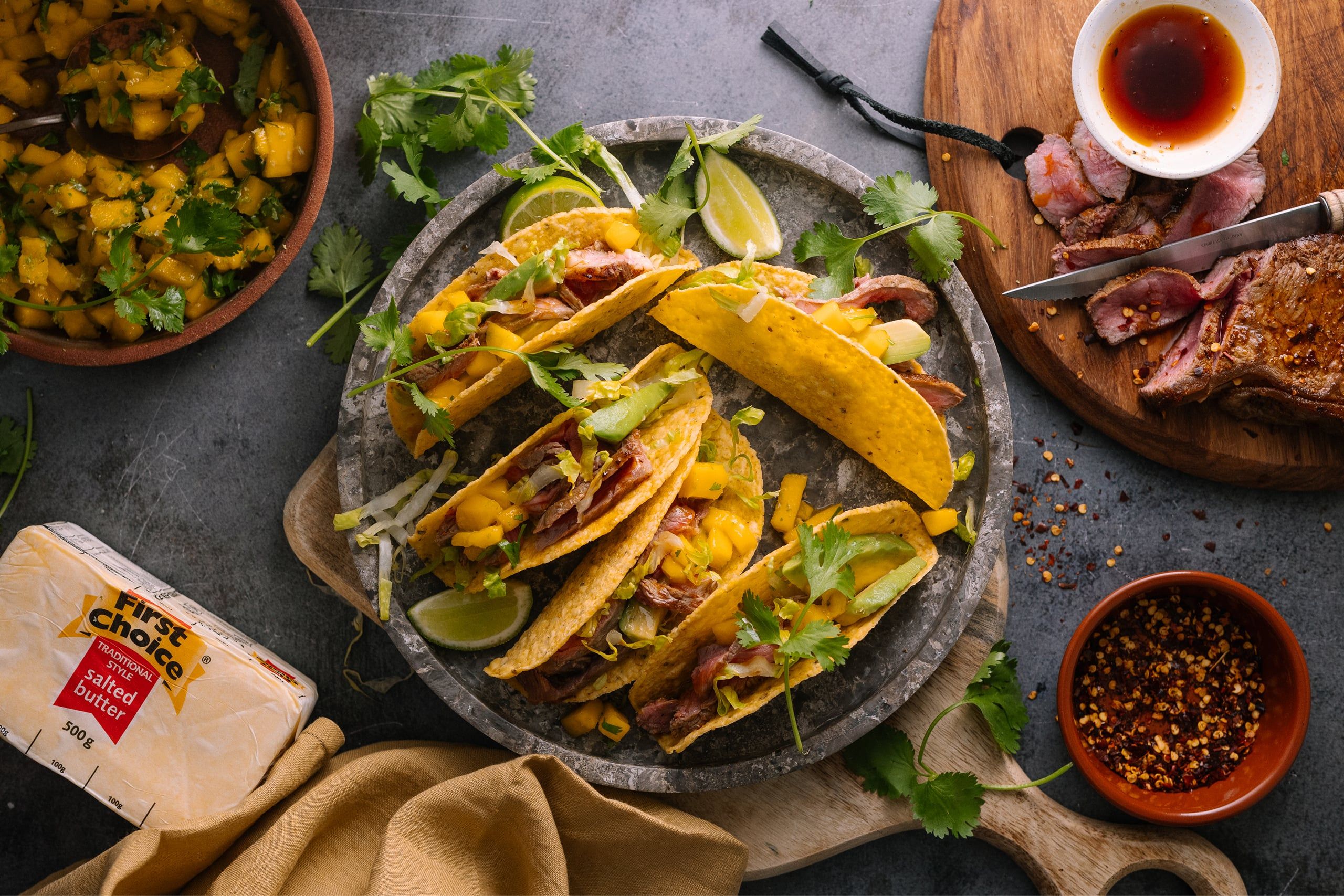 Butter Basted Warm Steak Tacos with Mango Salsa