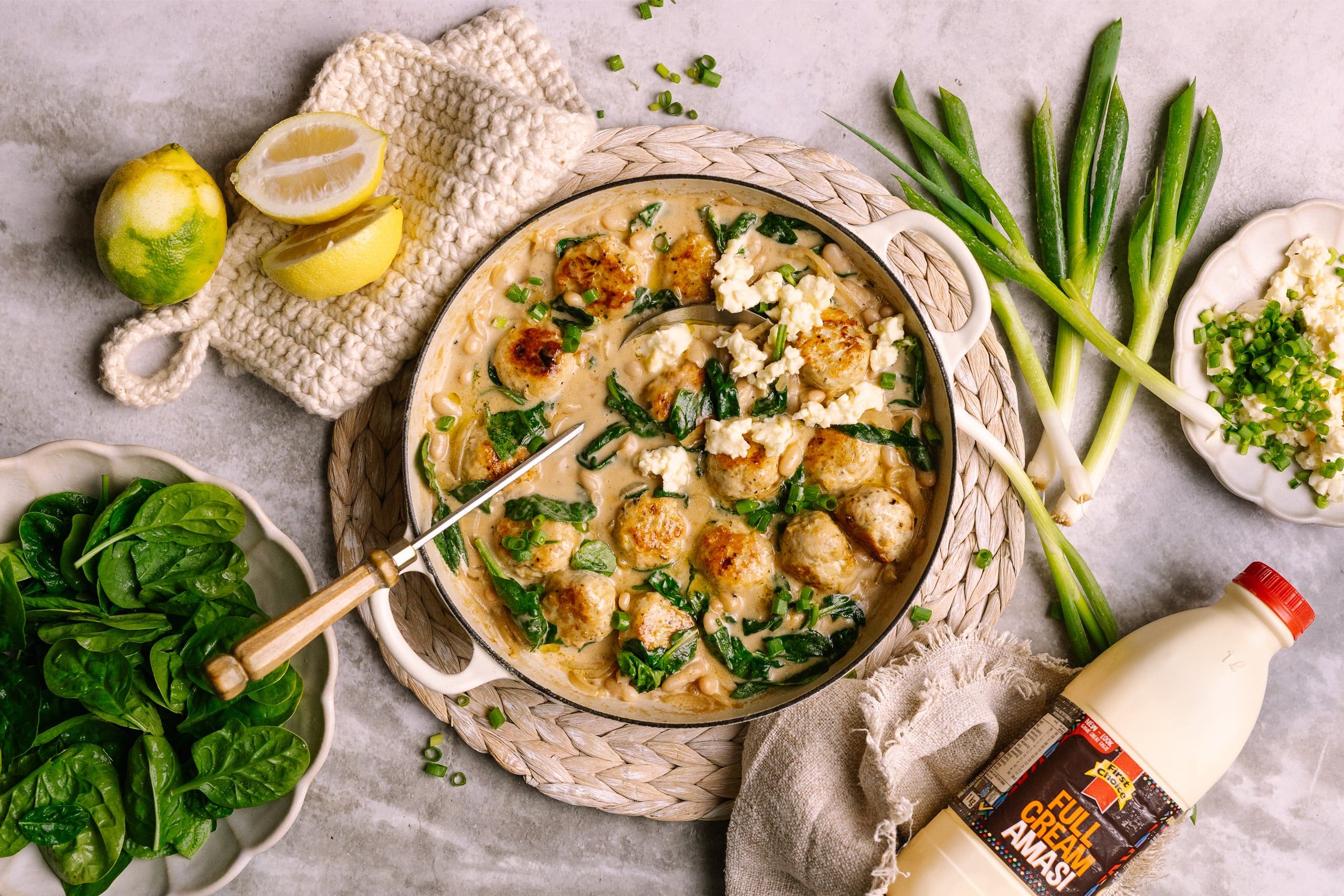 Chicken Meatballs with Cannellini Beans and Spinach