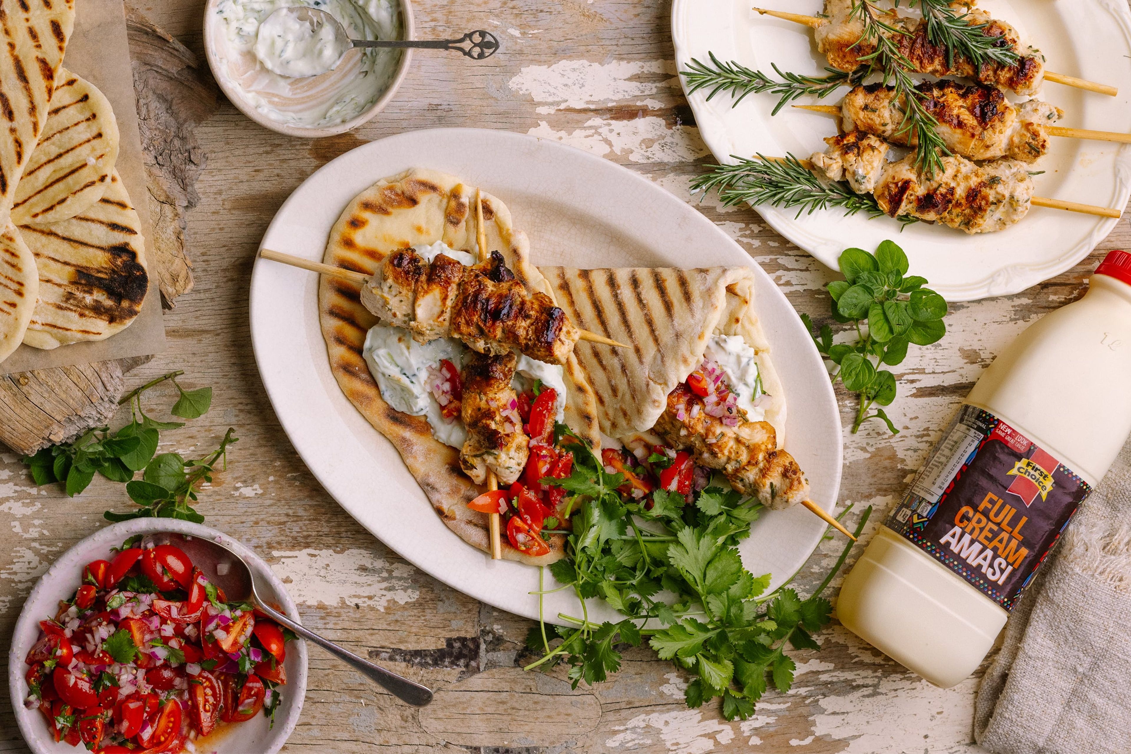 Amasi Flatbreads with Marinated Chicken Skewers