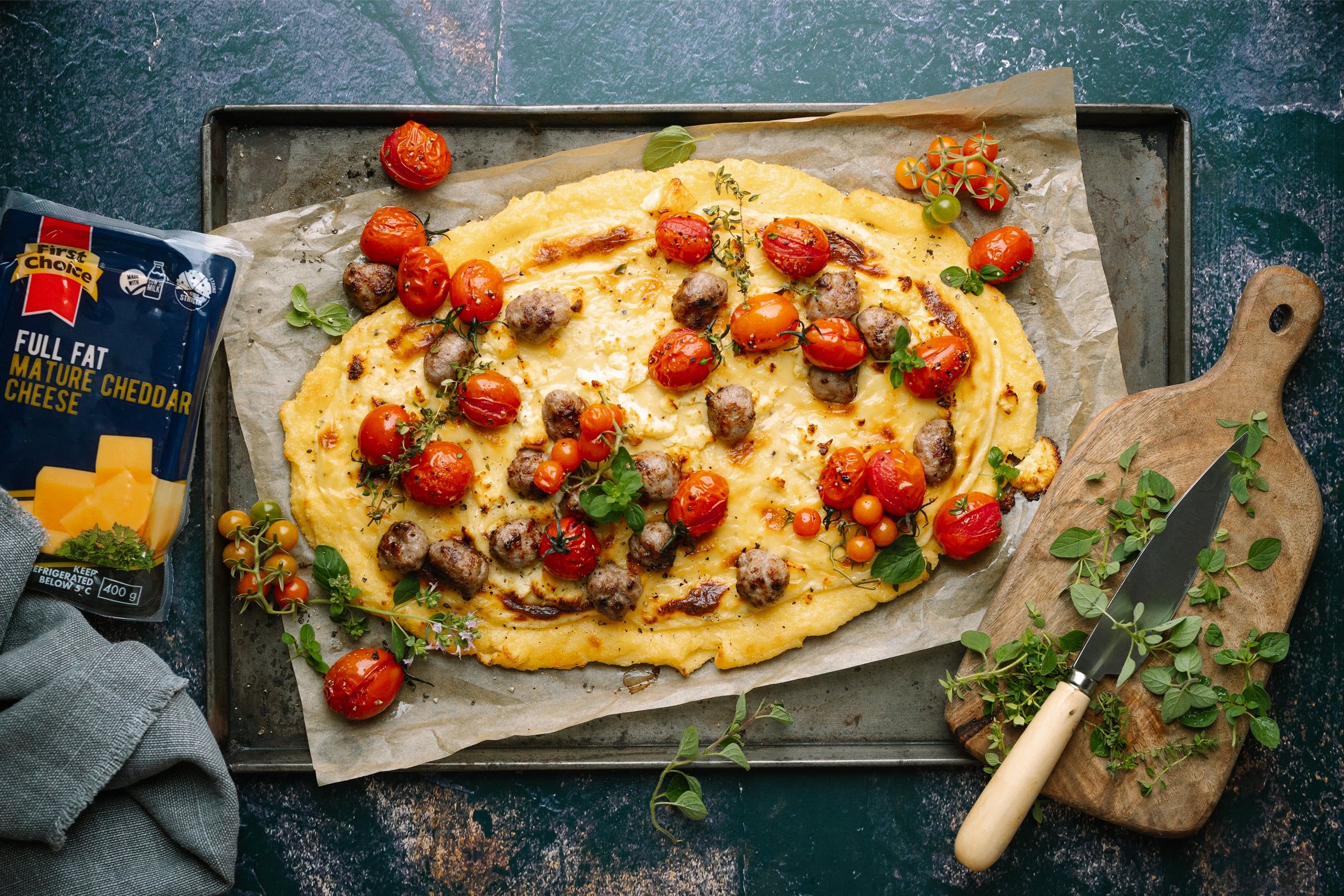 Maize and Polenta "Pizza" with First Choice Mature Cheddar Boerewors Meatballs and Basil