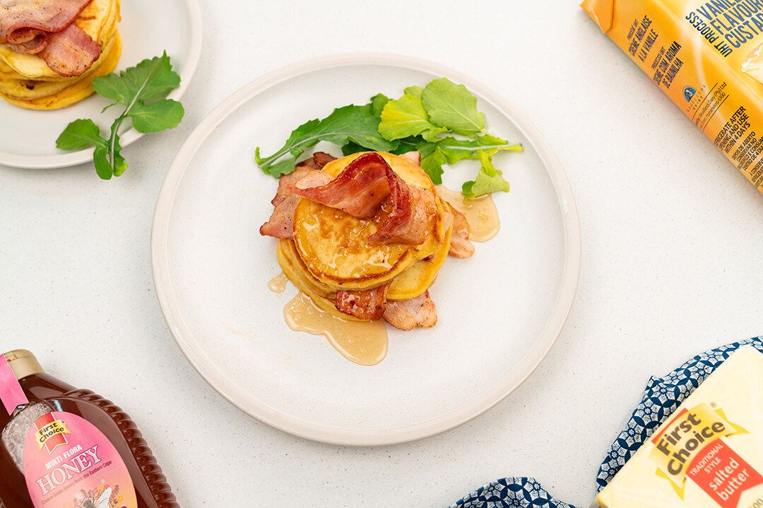 Custard Pancakes With Crispy Bacon And Honey