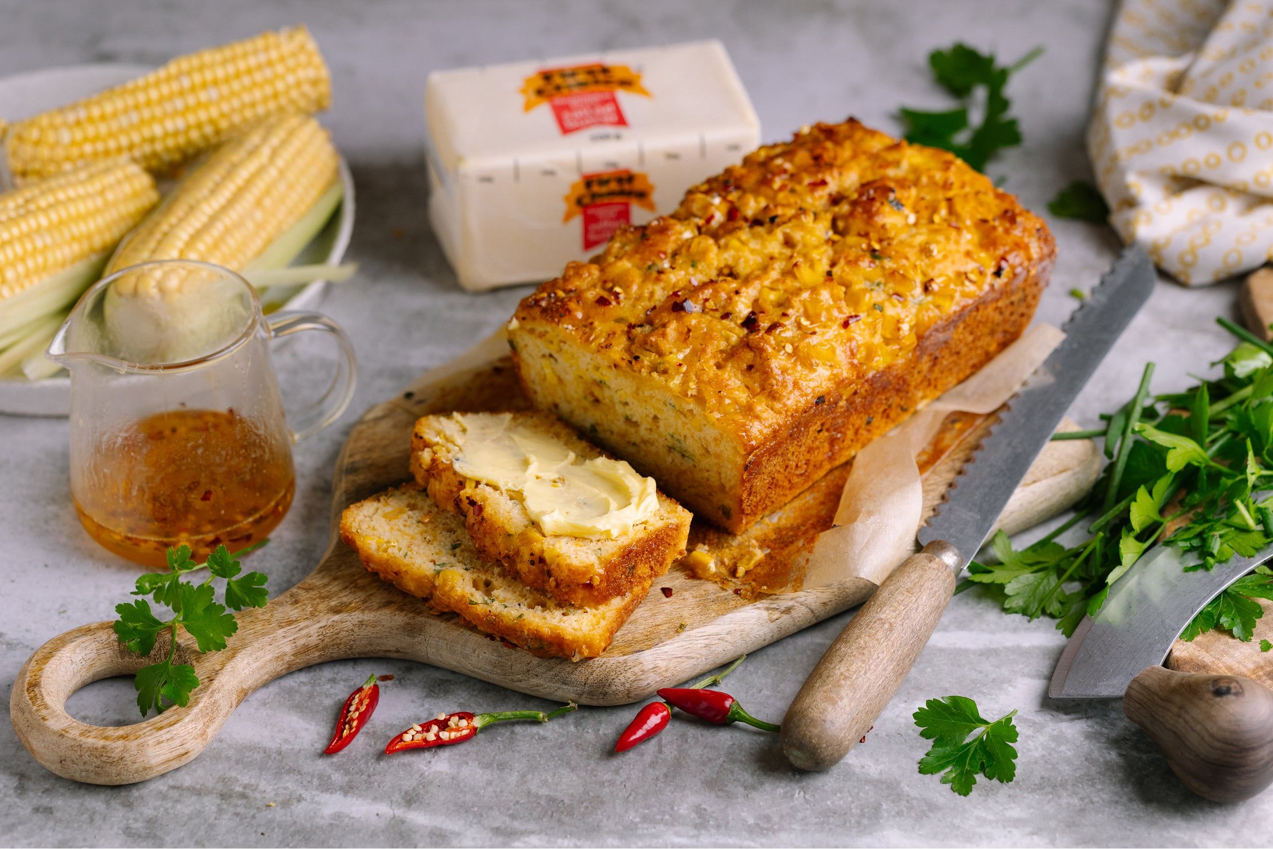 Cheesy Amasi Corn Bread with a Chilli Honey Butter Drizzle