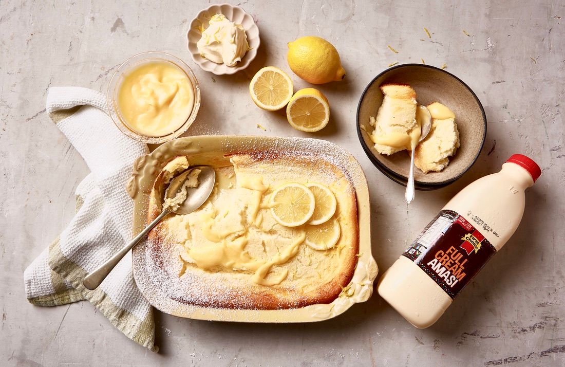 Amasi Lemon Delicious Pudding (with lemon curd and yoghurt crème fraiche)