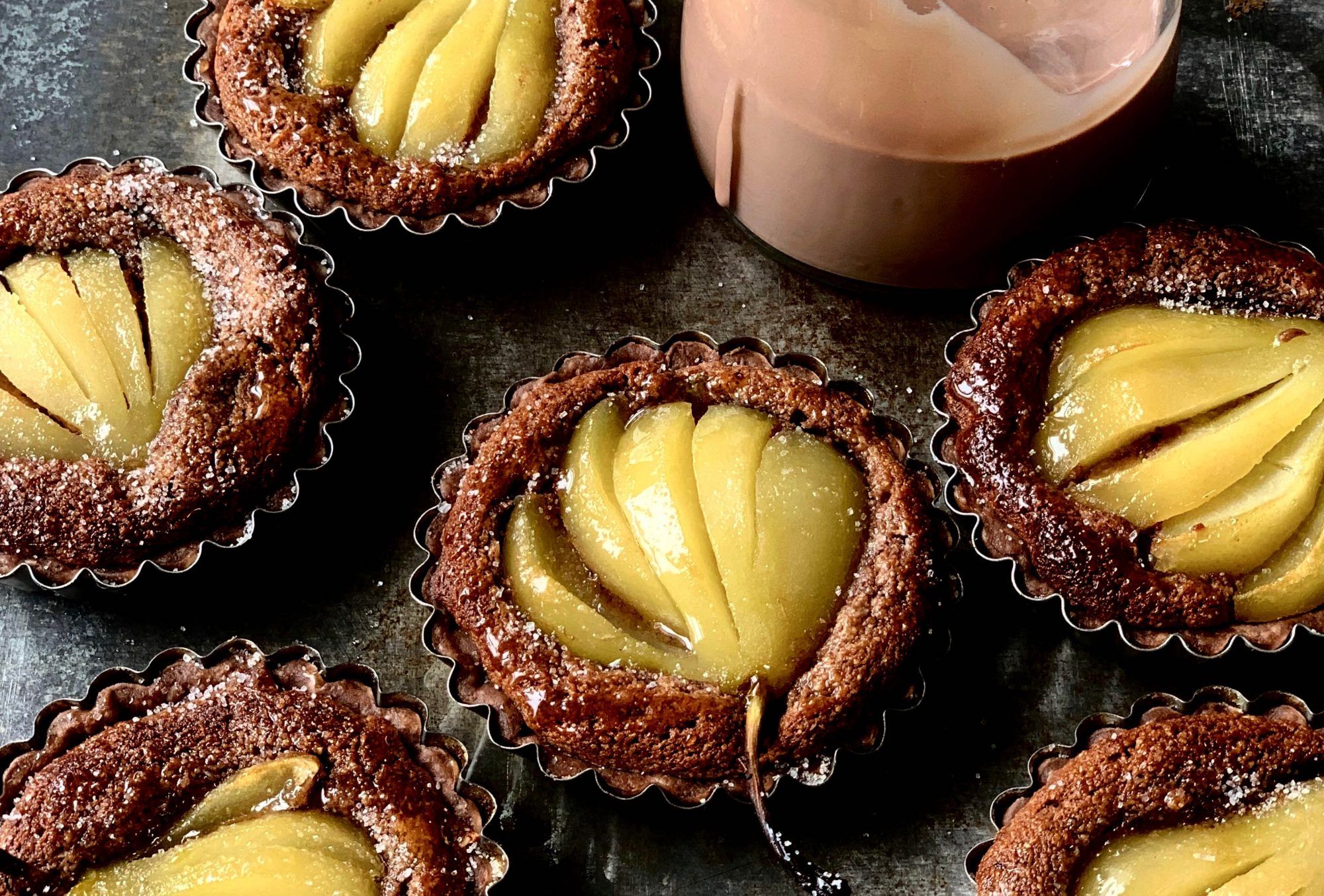 Chocolate Velvet pear and Almond tartlets
