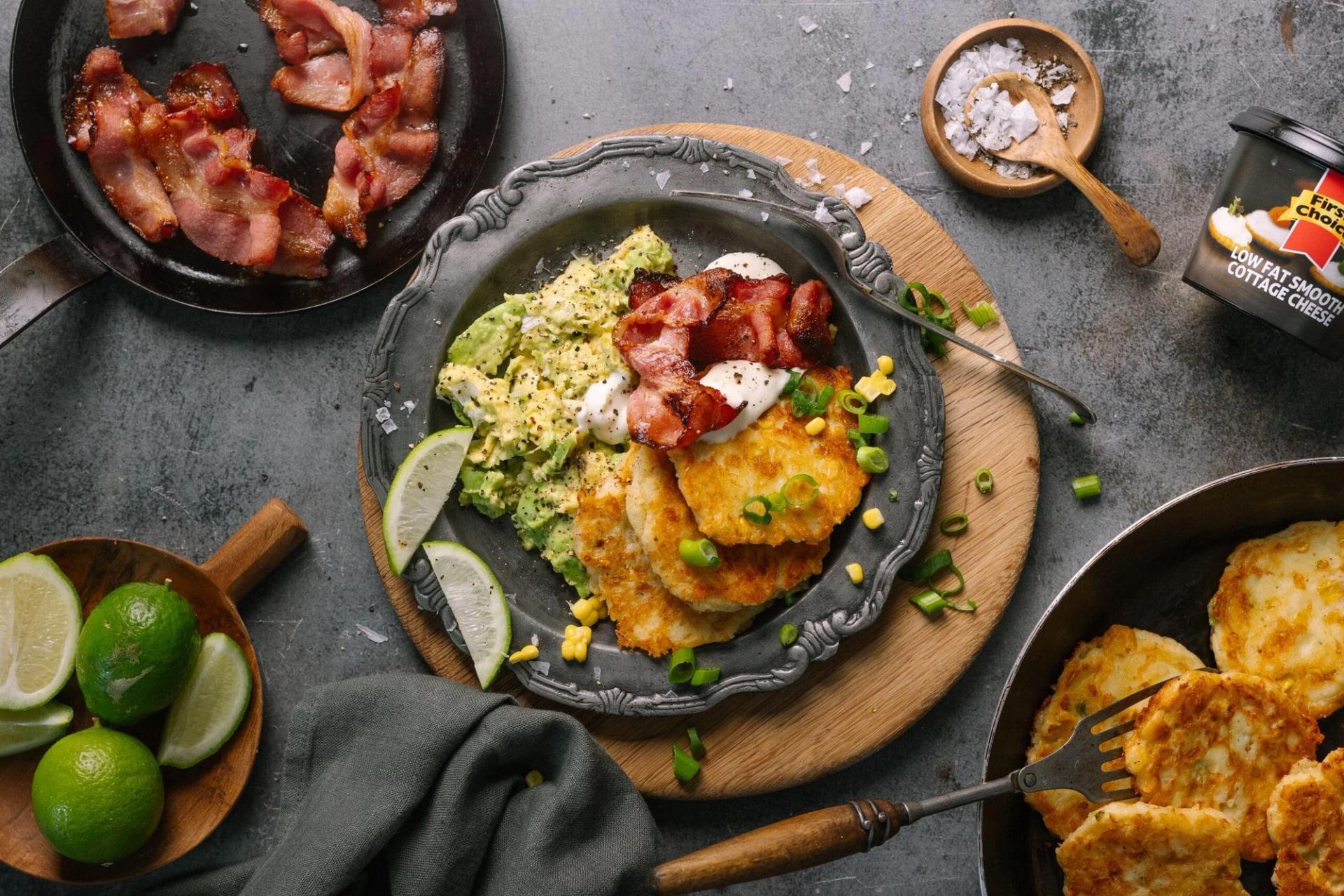 Cottage Cheese and Corn Fritters with Bacon