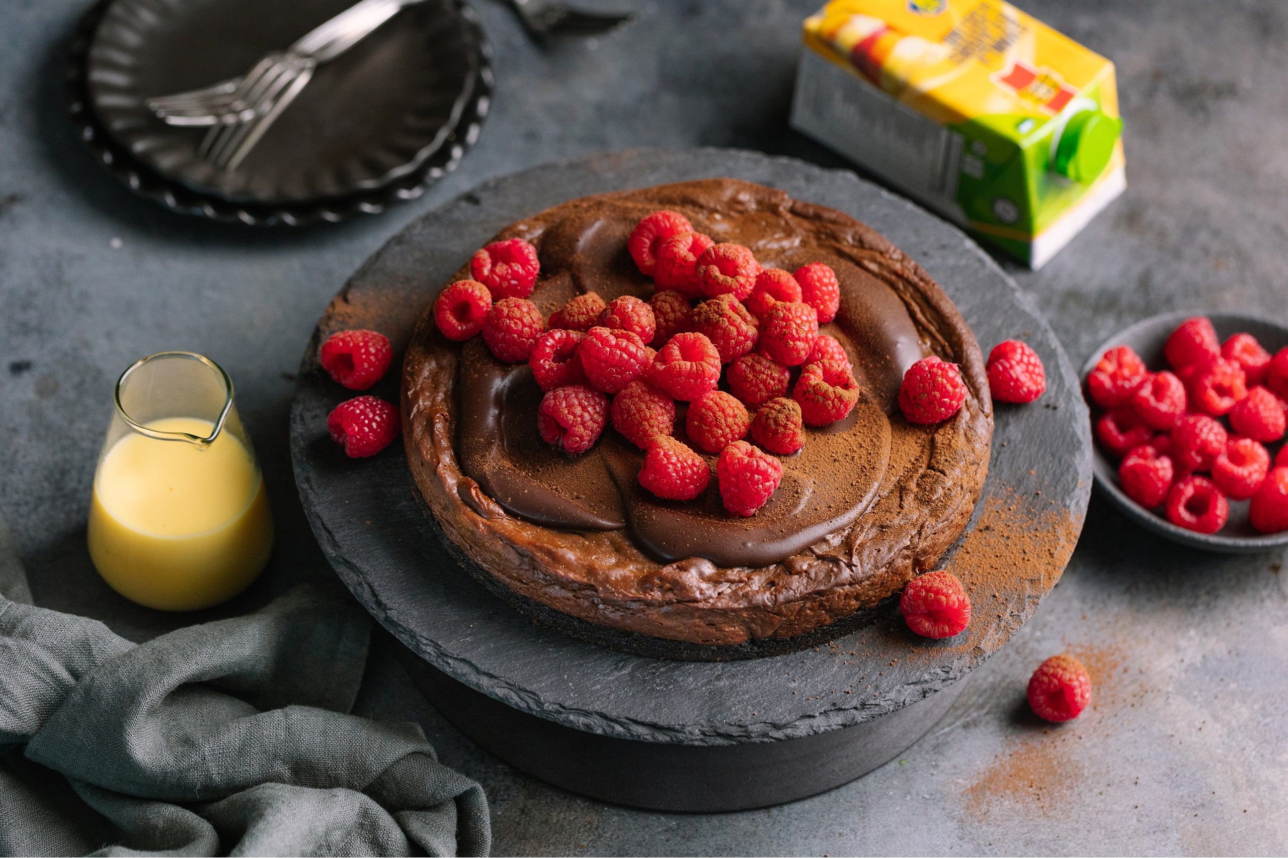 Chocolate Custard Cake - with Raspberries
