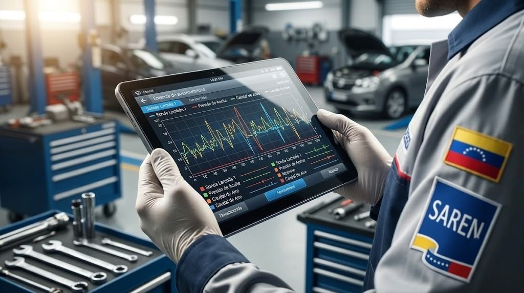 Inspeccion pericial de sensores de motor con tablet diagnostica e insignia SAREN