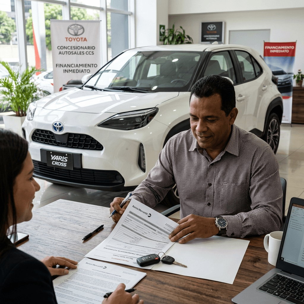 Cliente revisando tabla de cuotas y contrato de financiamiento para auto nuevo