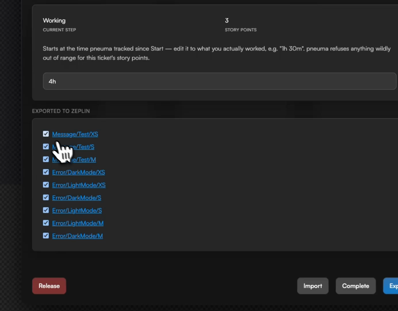 The ticket panel: step, story points, time, and the Zeplin export checklist