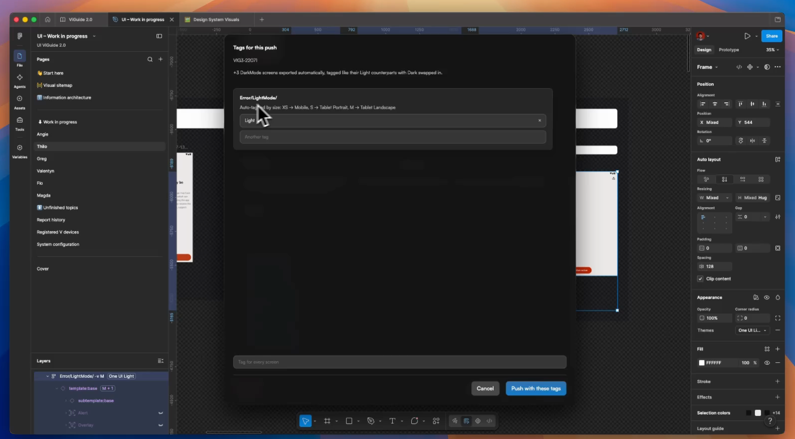 The export overlay: tags applied automatically, ready to push to Zeplin