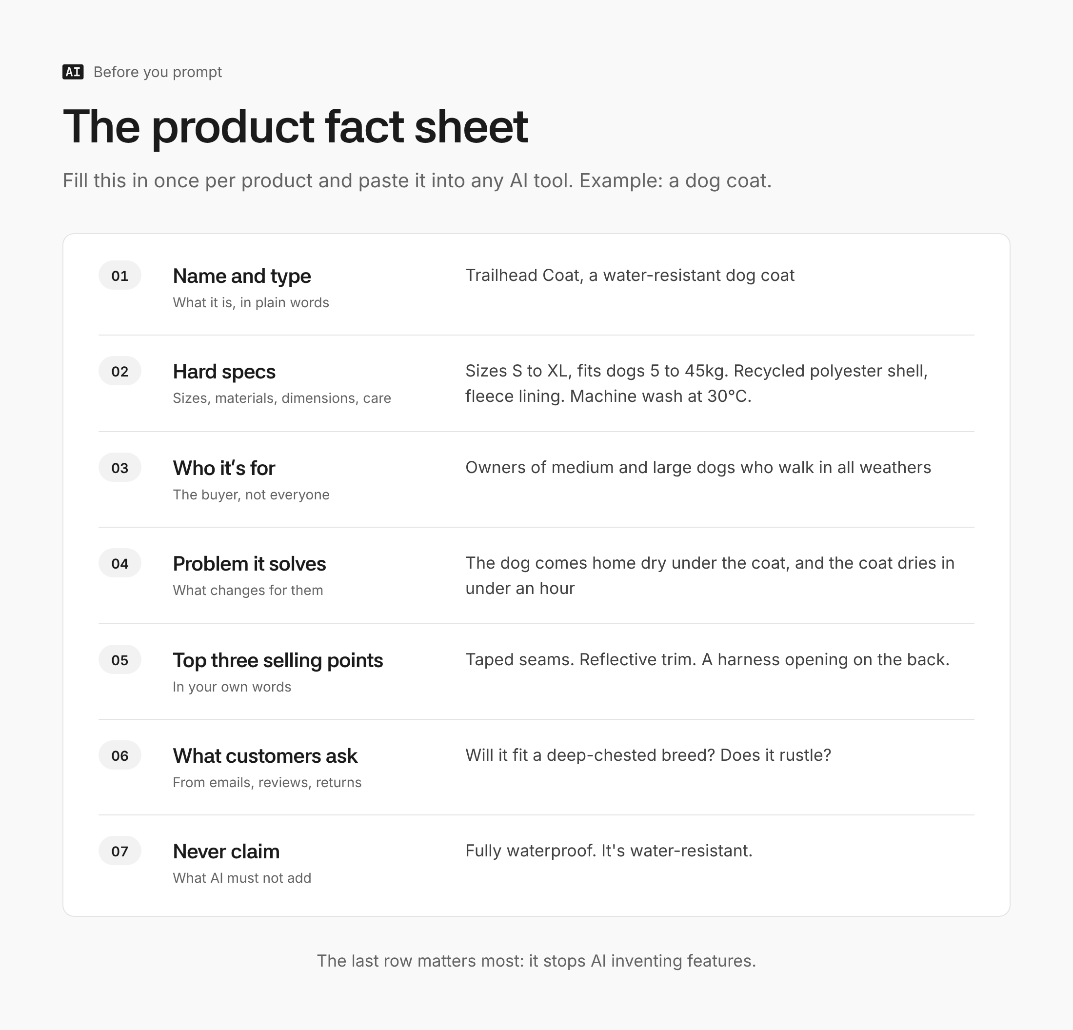 A product fact sheet with seven fields (name and type, hard specs, who it's for, problem it solves, top three selling points, what customers ask, never claim), filled in for an example water-resistant dog coat.