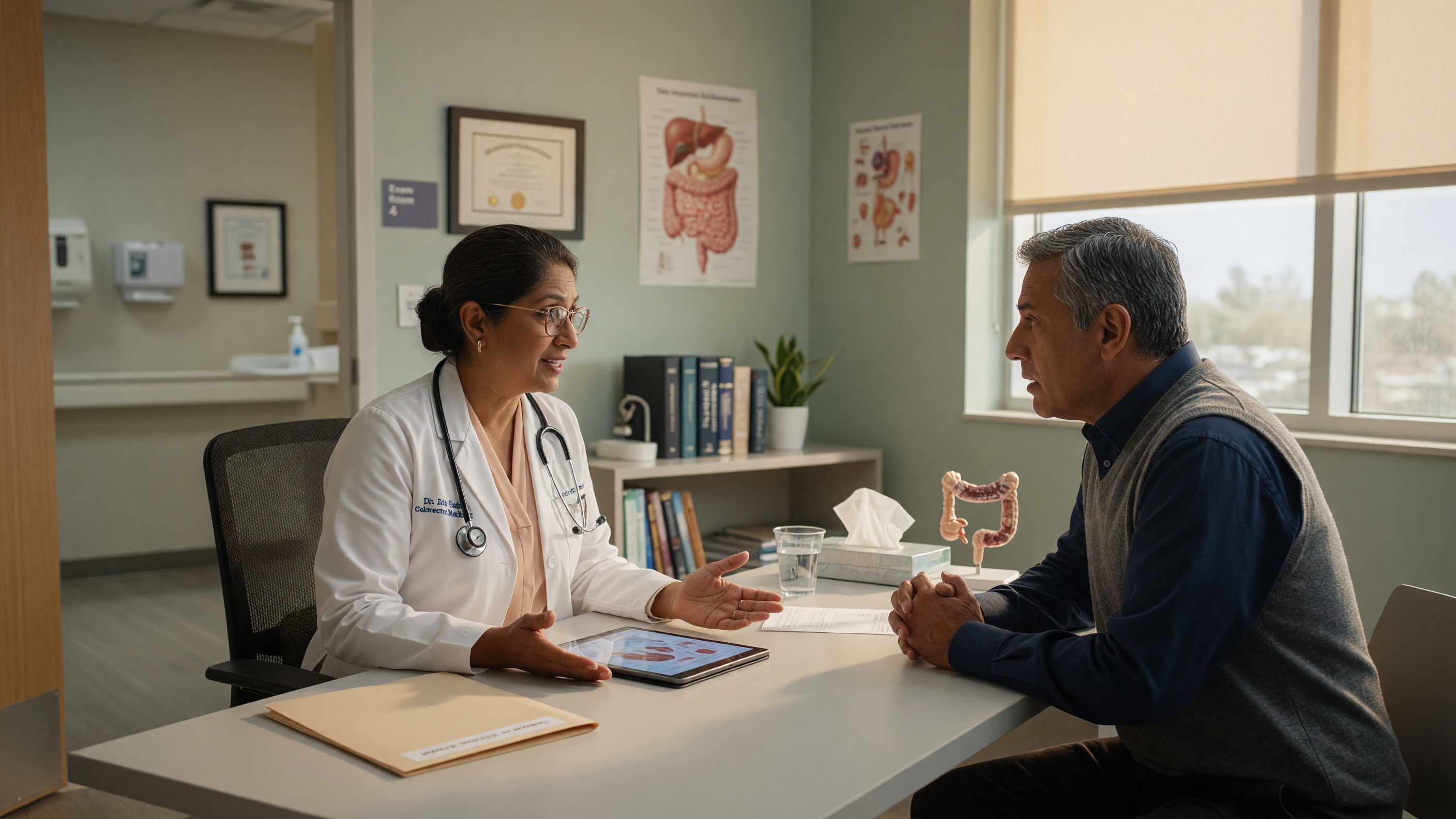 Patient experiencing pain after bowel movement consulting a doctor about anal fissure at Lux Hospitals