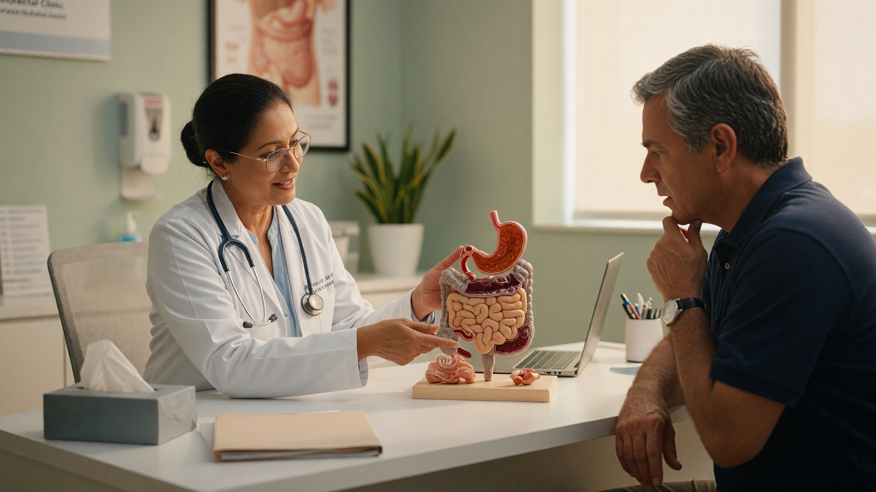 Doctor explaining how constipation can cause an anal fissure to a patient at Lux Hospitals