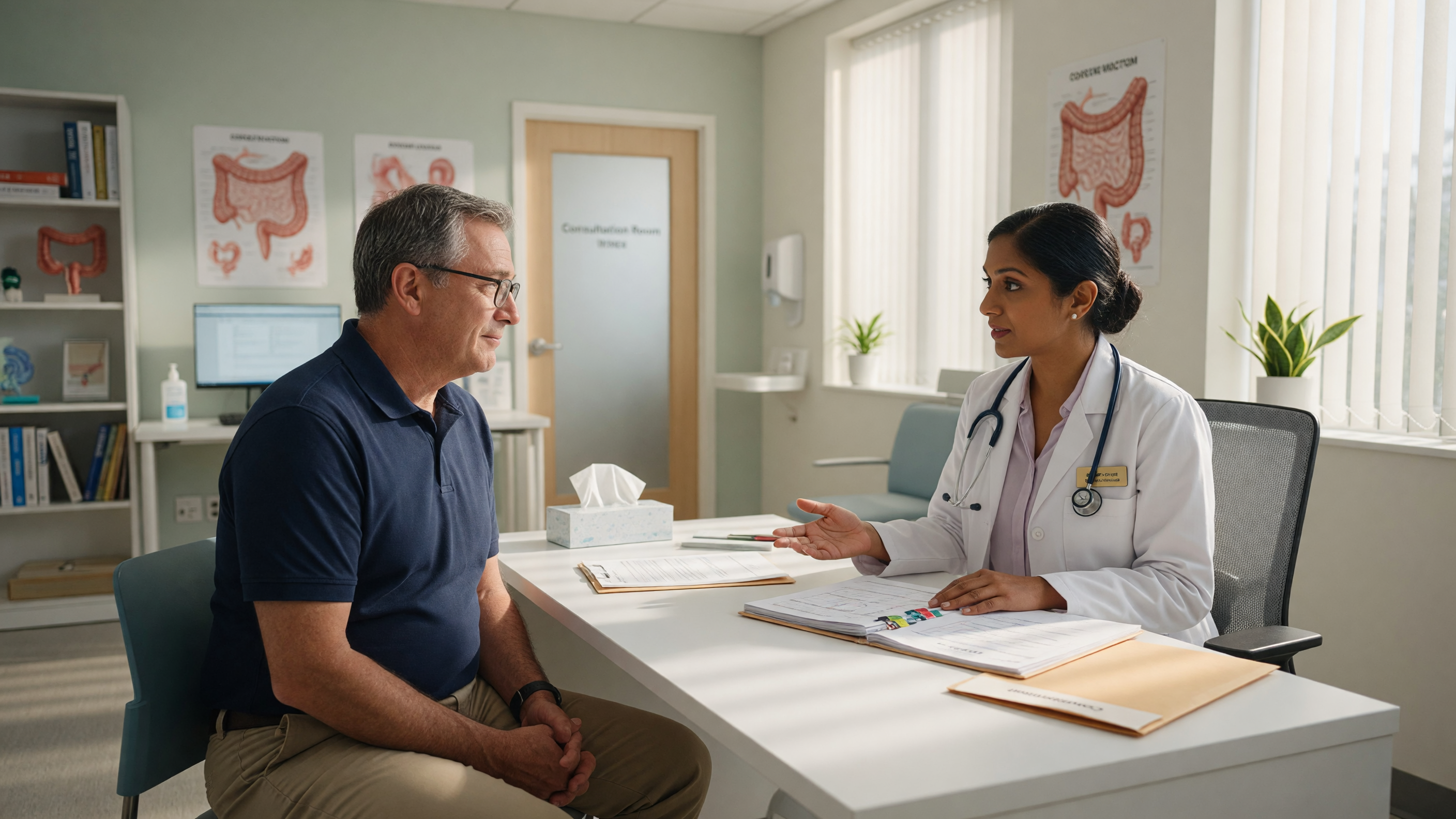Doctor consulting a patient about fecal incontinence treatment options at a modern hospital