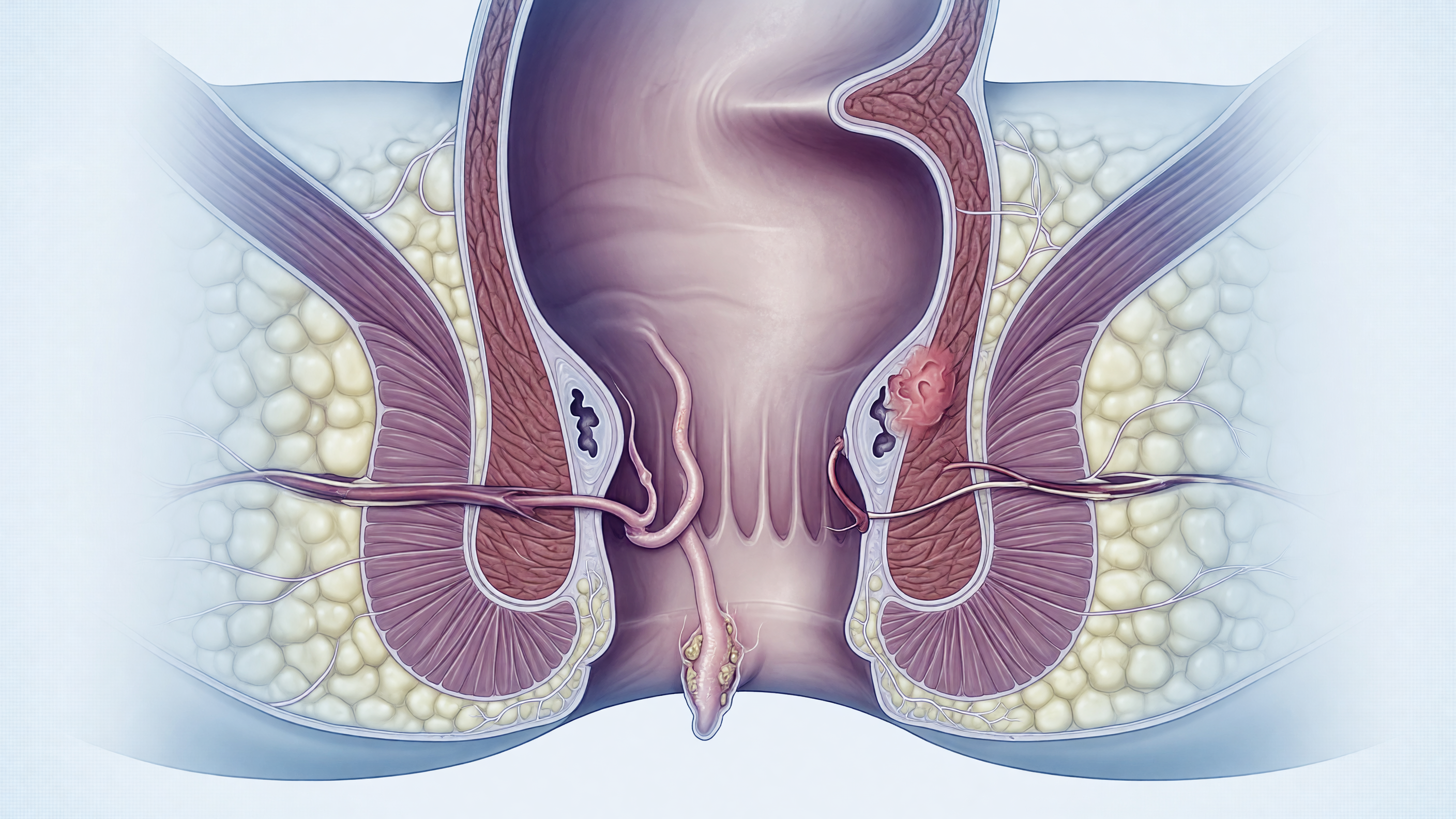 Medical illustration showing anal fistula causes including infected anal gland and abscess