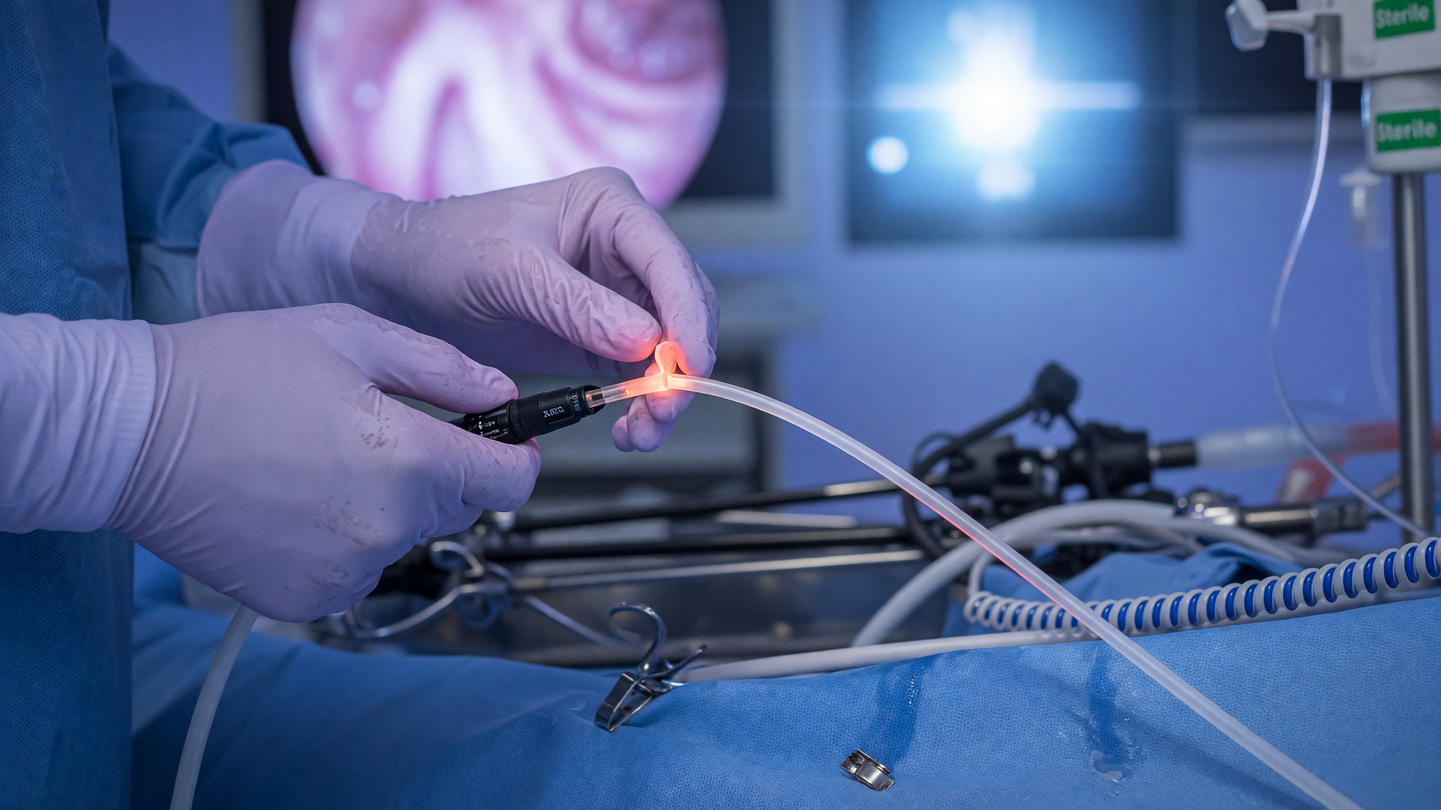 Surgeon performing laser treatment for anal fistula using a fibre probe in an operating room