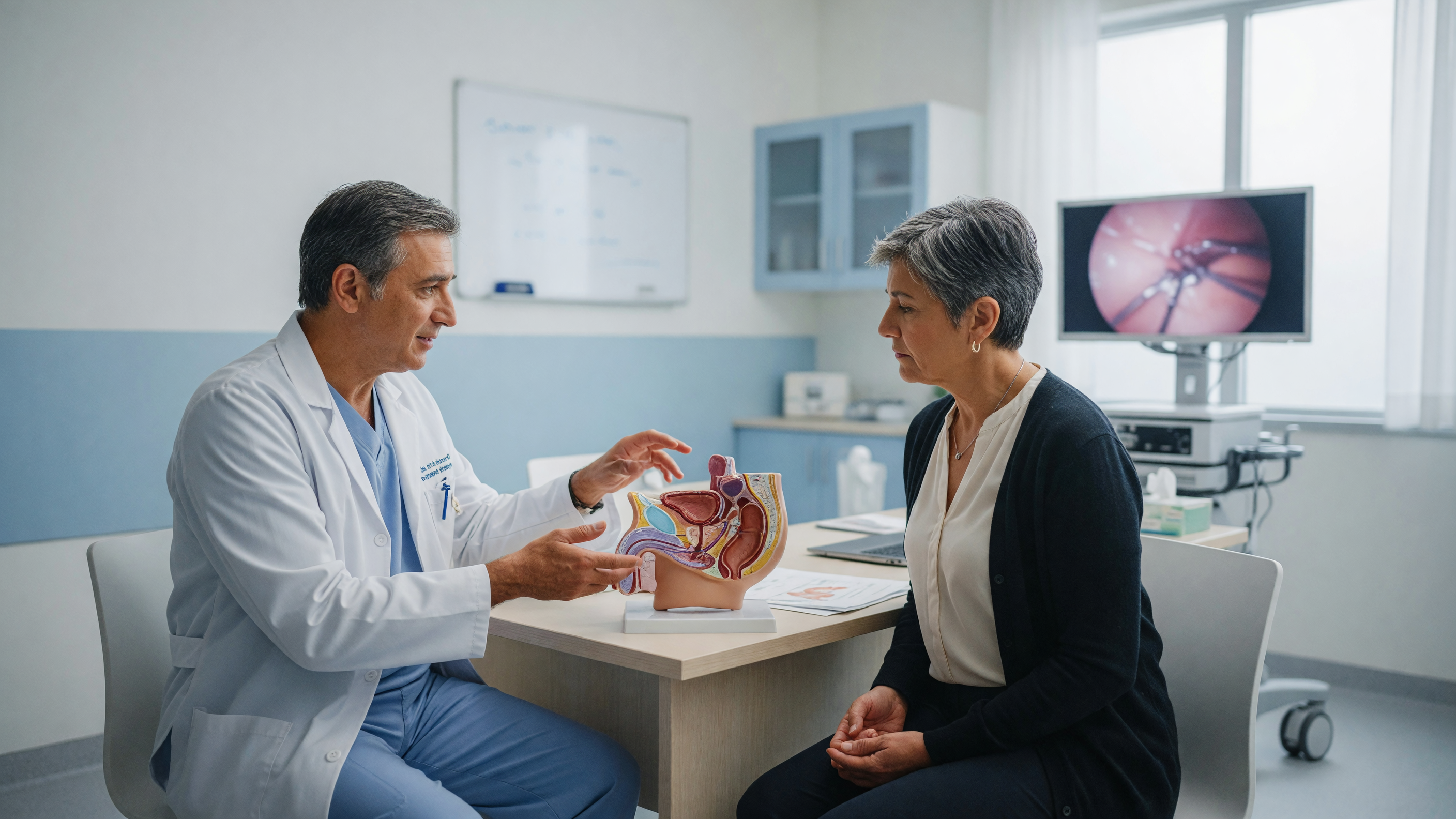 Colorectal surgeon explaining rectal prolapse surgery and rectopexy to a patient using a pelvic anatomy model at Lux Hospitals