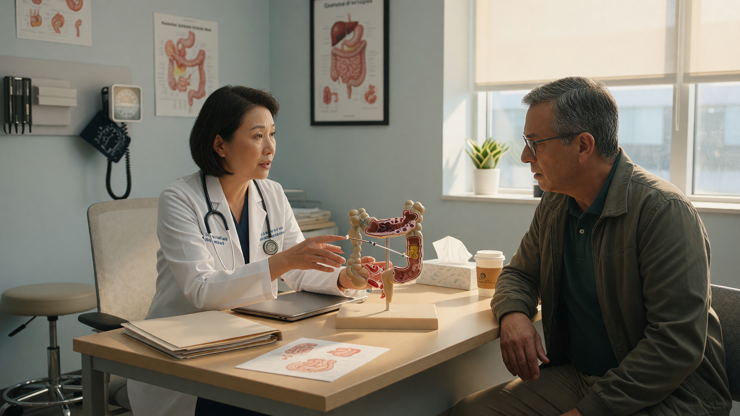 Doctor explaining rectal bleeding causes and warning signs to a patient at a hospital consultation