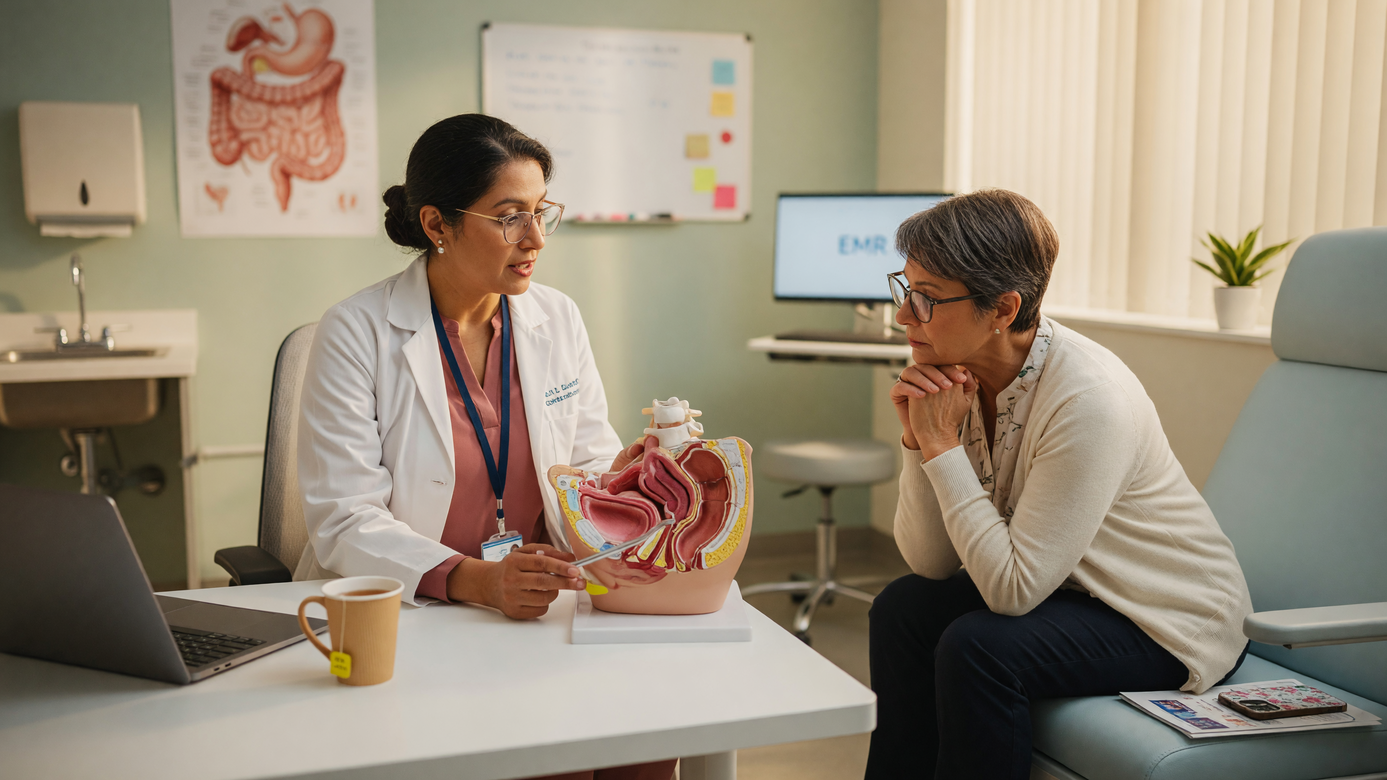 Doctor explaining pelvic floor dysfunction and its connection to bowel health to a patient