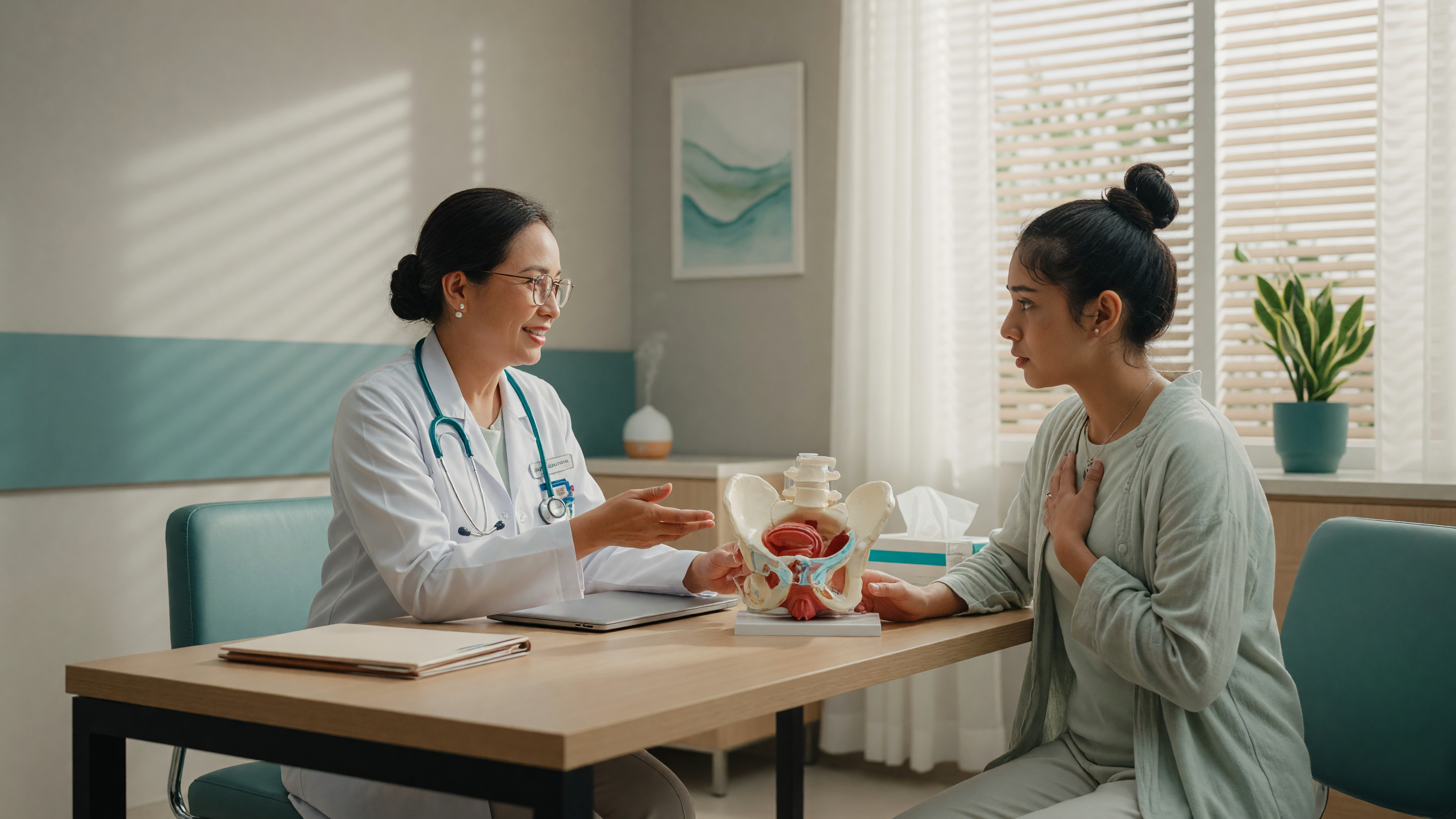 New mother consulting a female doctor about fecal incontinence after childbirth in a calm hospital clinic