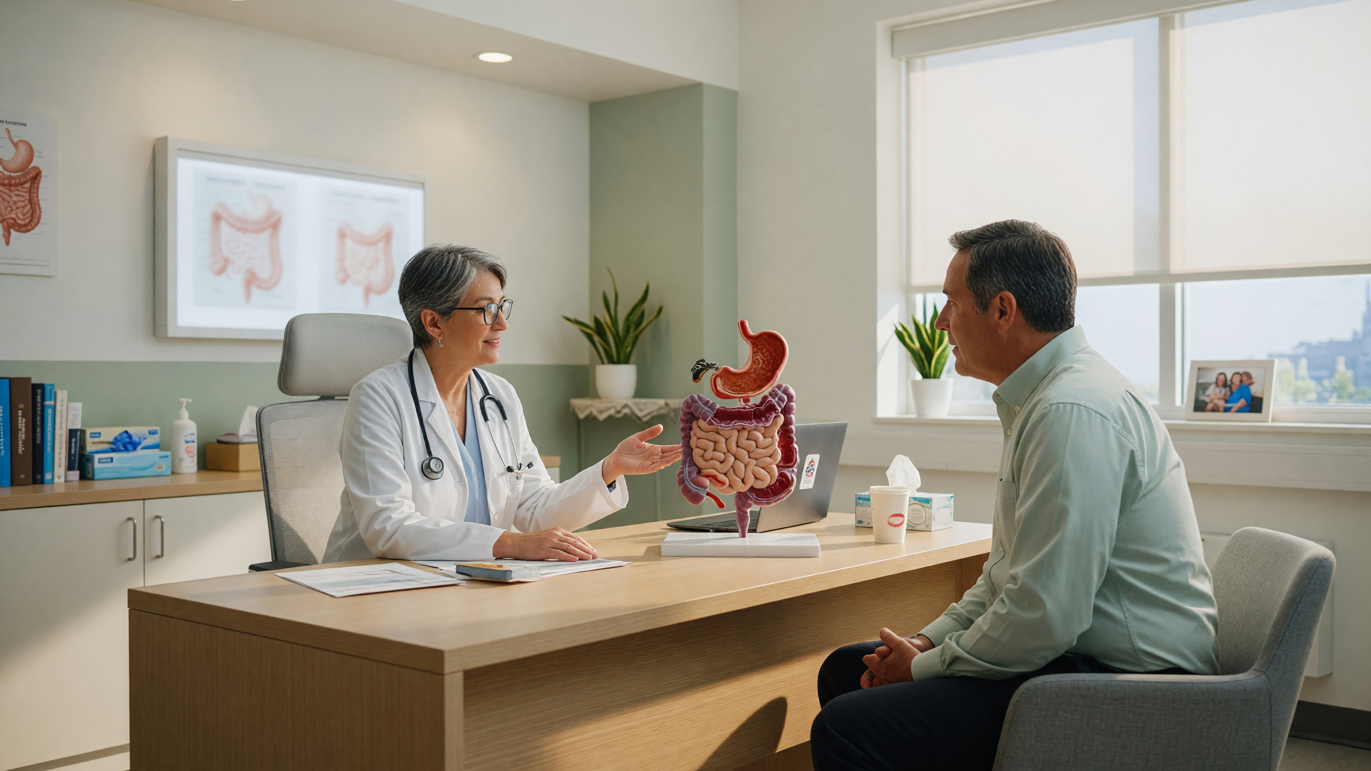 Doctor explaining rectal bleeding causes to a patient during a colorectal consultation