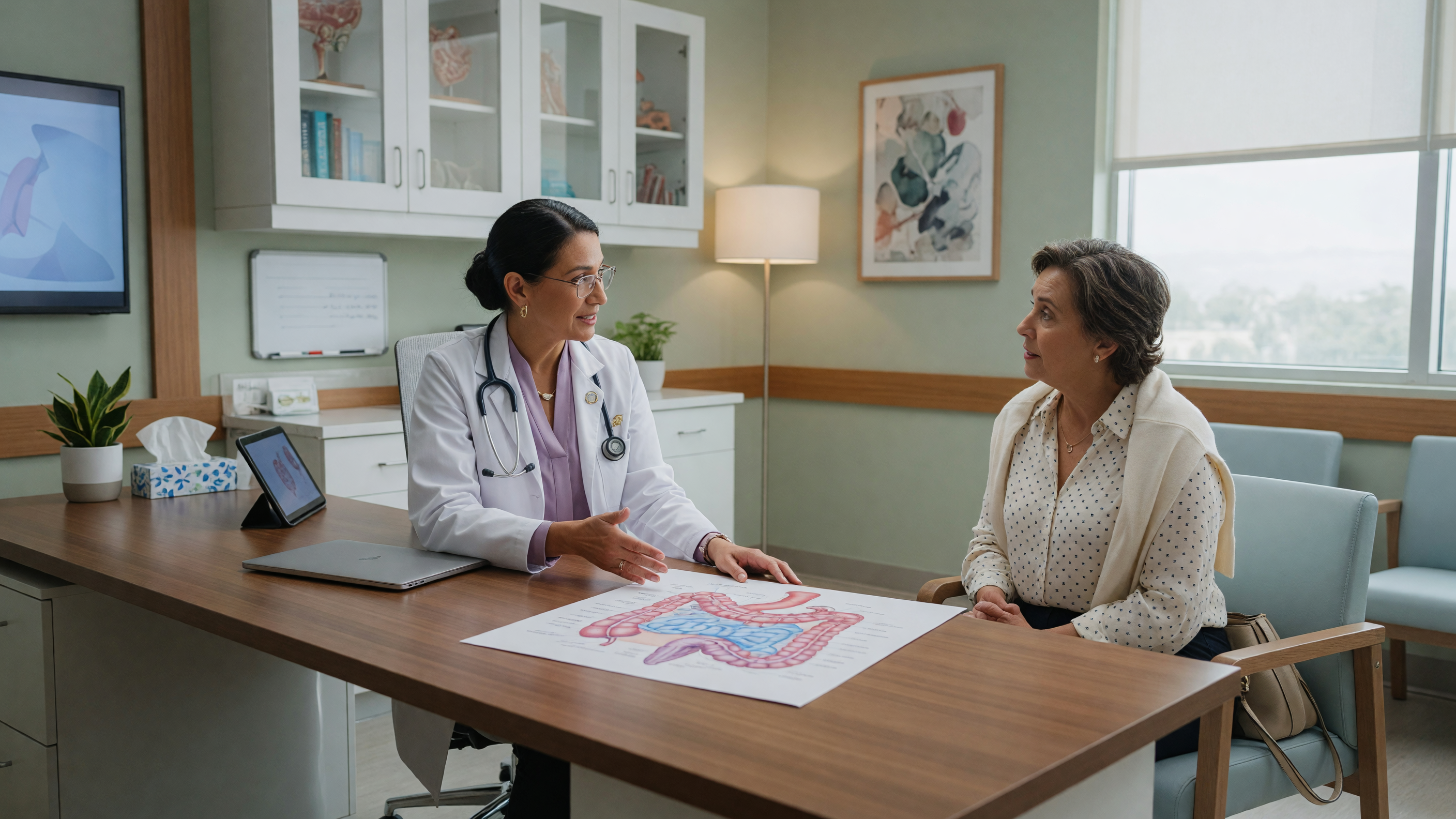 Doctor explaining bowel leakage causes and treatment options to a patient at Lux Hospitals